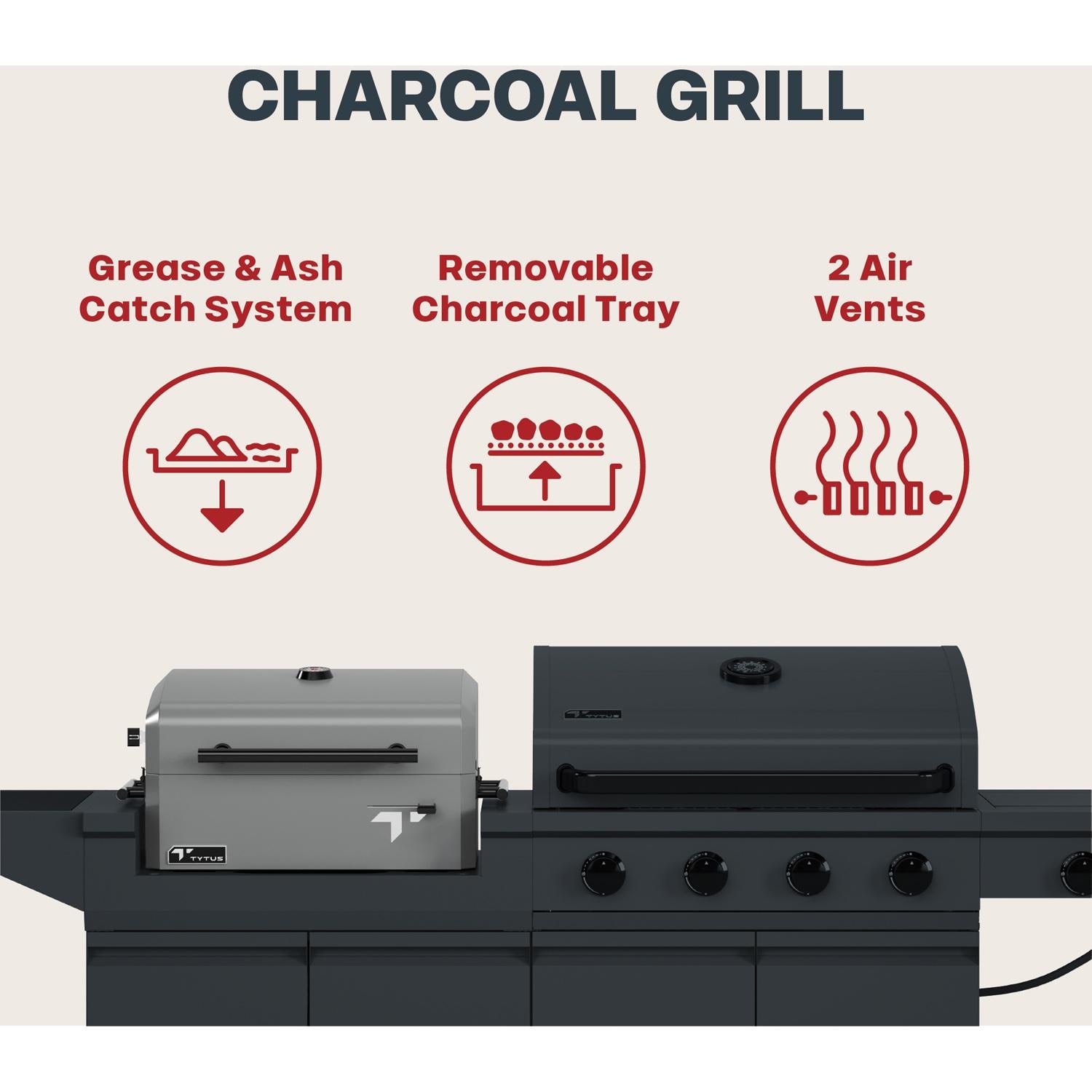 TYTUS TDT-BUN-014 Modular Duo w/ 4-Burner Gas Grill & Charcoal Grill - Charcoal Grill Features 2 - Detail thumbnail