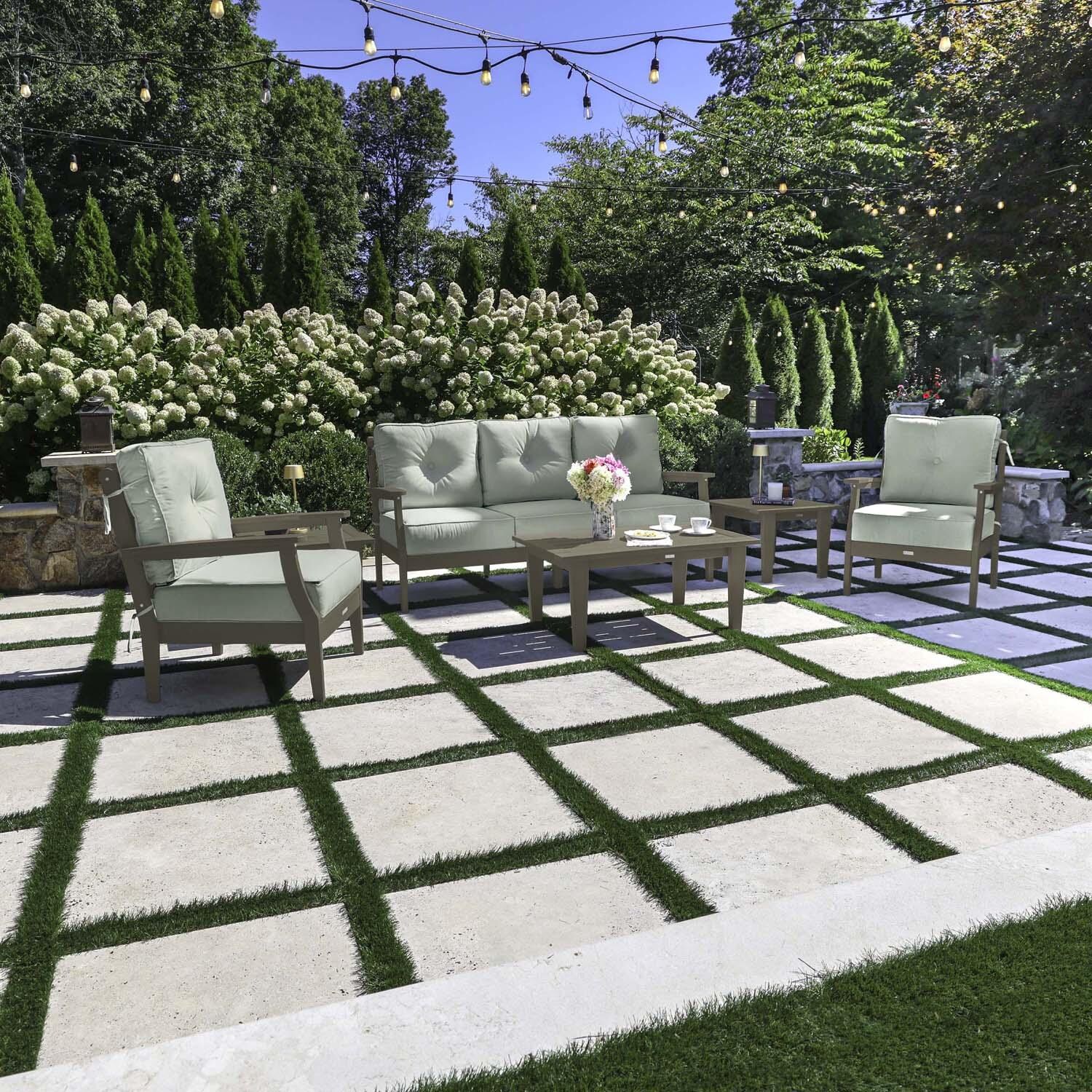 Blushing Bay 6 Pc Recycled Plastic Seating Set w/ Sofa in Canvas Seasalt/Woodland Brown by Lakeview Outdoor Designs