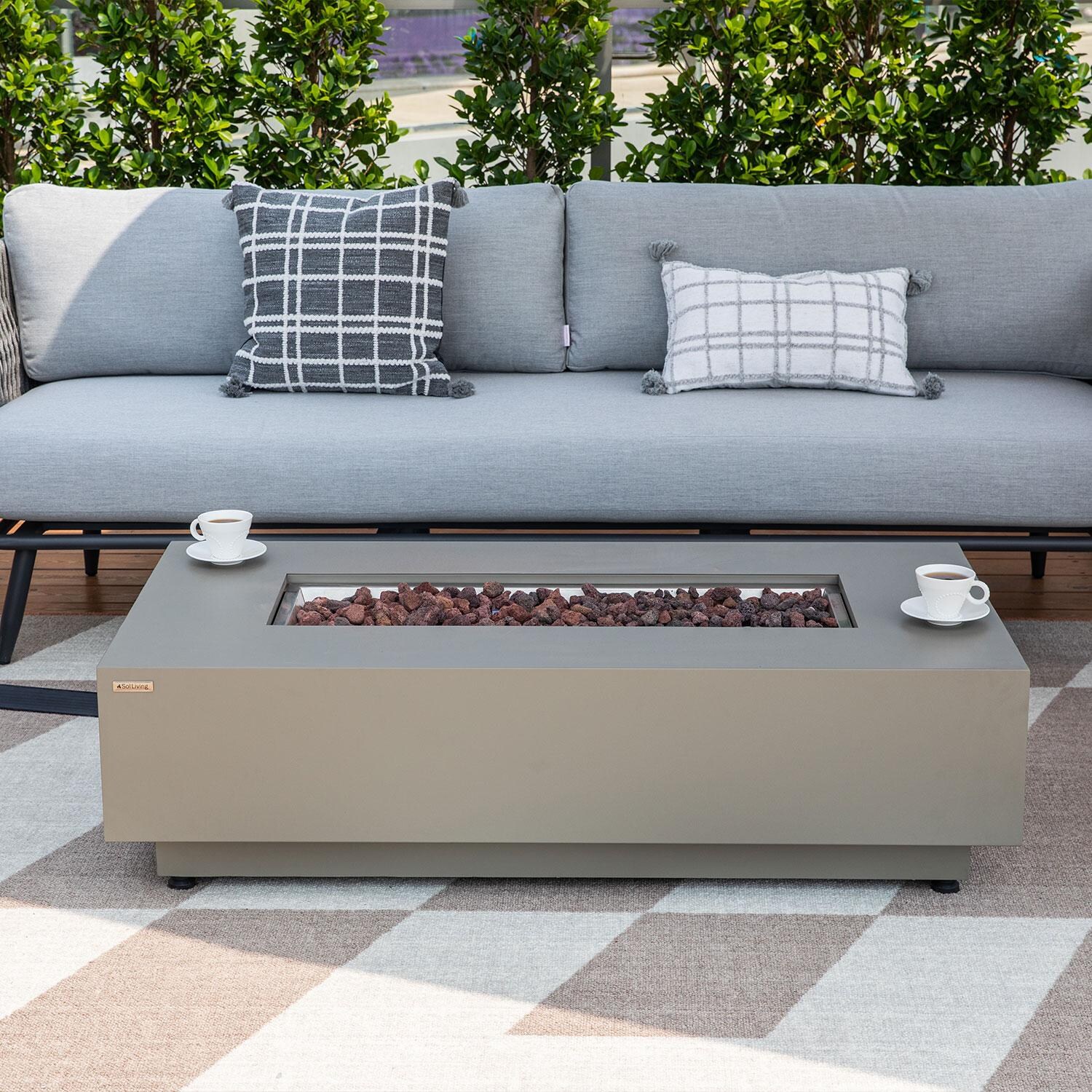 Elementi OS-2504T Milano Outdoor Aluminum Sofa w/ Sunbrella Cushions - Shown w/ Fire Pit (Sold Separately) - Off - Lifestyle thumbnail
