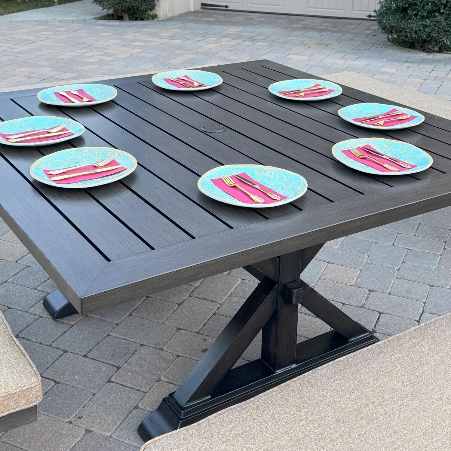 Brooklyn 5 Pc Aluminum Dining Set w/ 59 Inch Square Table in Sesame/Multi-brown by Darlee - Table Close Up - Lifestyle thumbnail