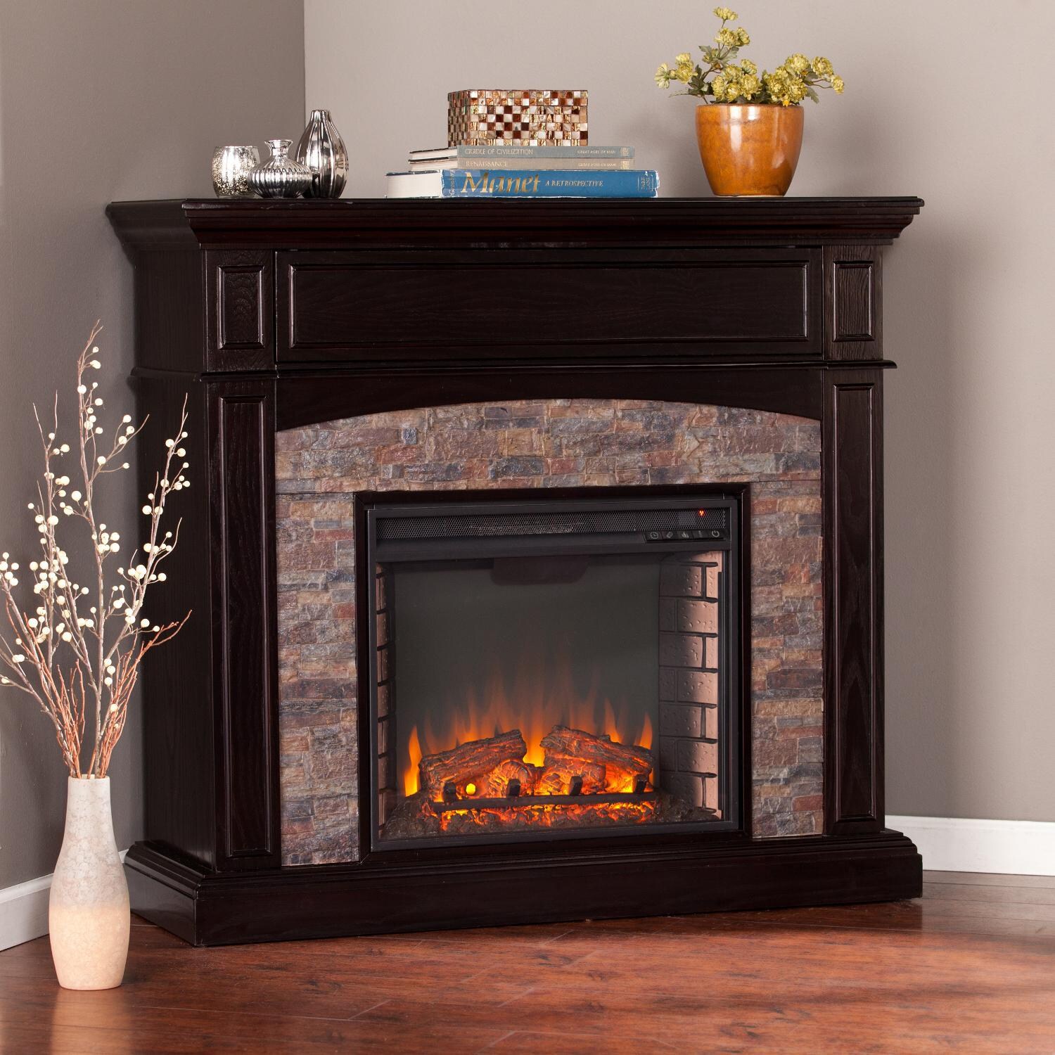 Southern Enterprises Grantham 45-Inch Corner Convertible Electric Fireplace Mantel Package - Ebony W/ Black River Faux Stone - FE9359