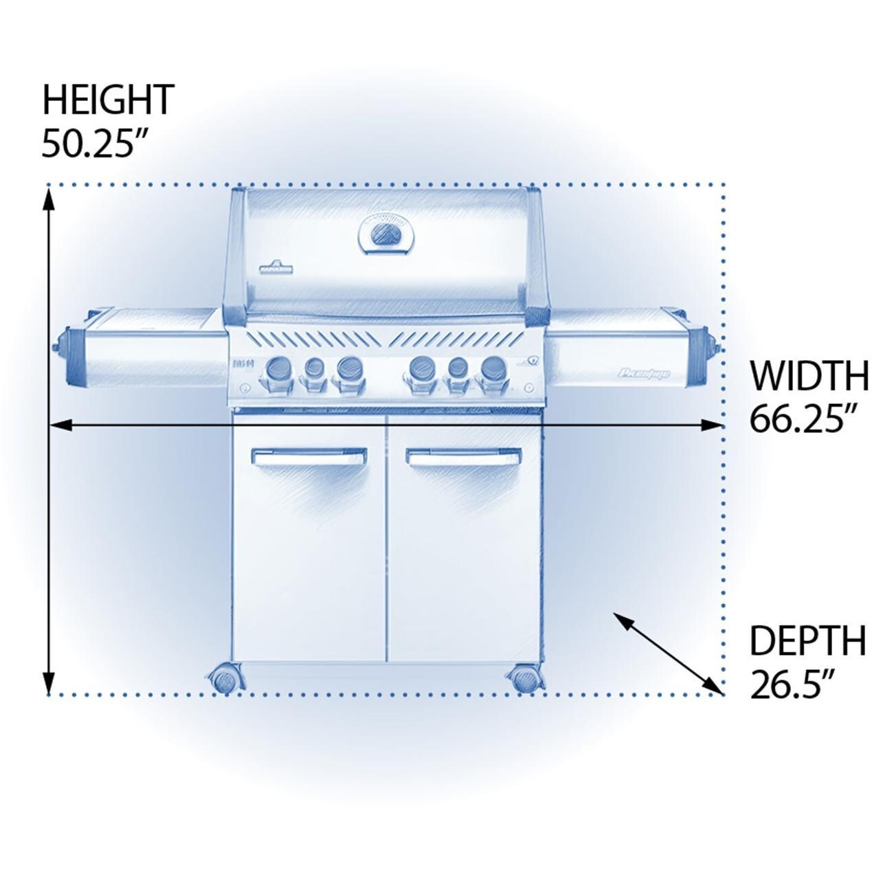 Napoleon Prestige 500 Propane Gas Grill with Infrared Rear Burner and Infrared Side Burner - Black - P500RSIBPK-3 (2019) - Dimensions - Diagram thumbnail