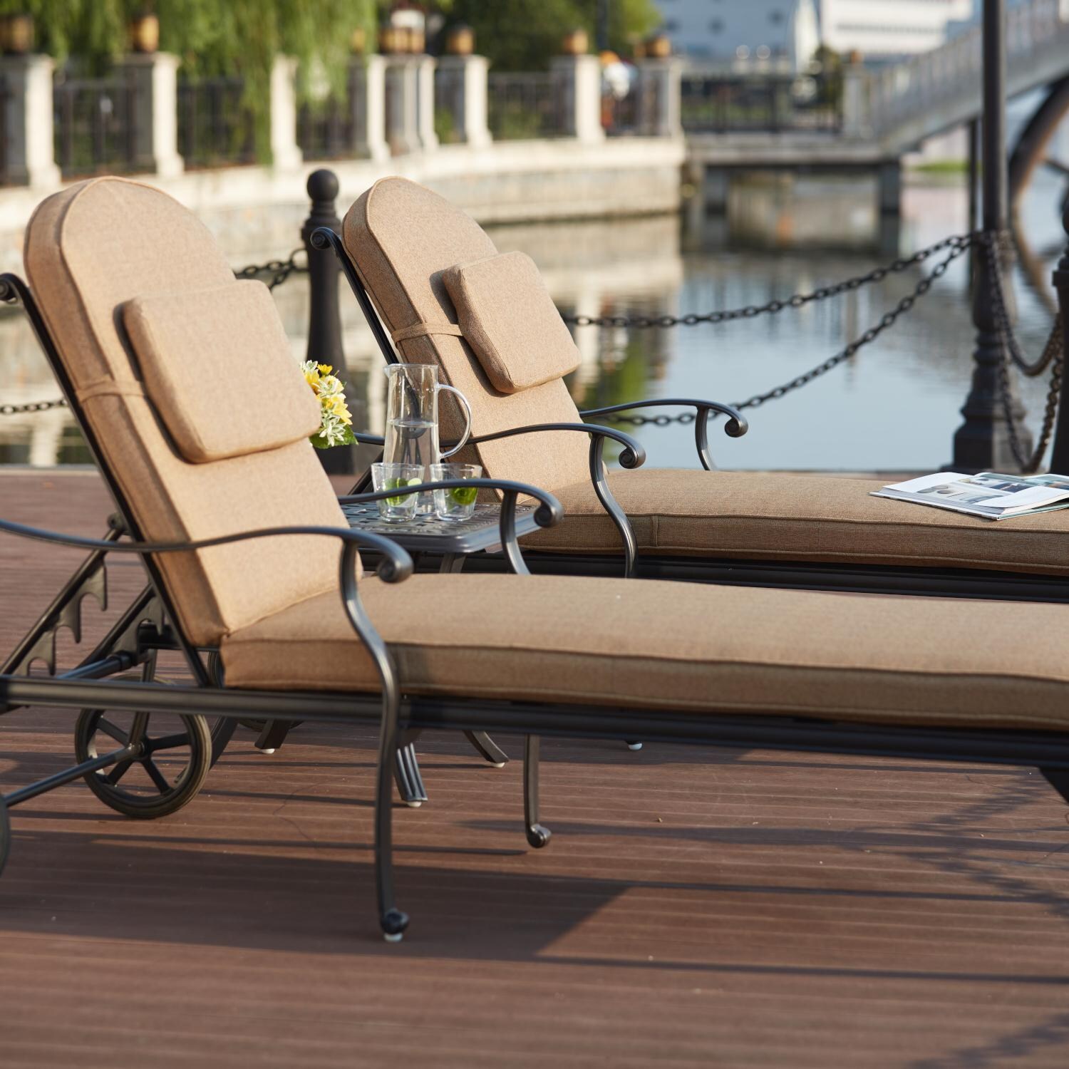 Capri 3 Piece Cast Aluminum Patio Chaise Lounge Set W/ Sesame Polyester Cushions By Darlee