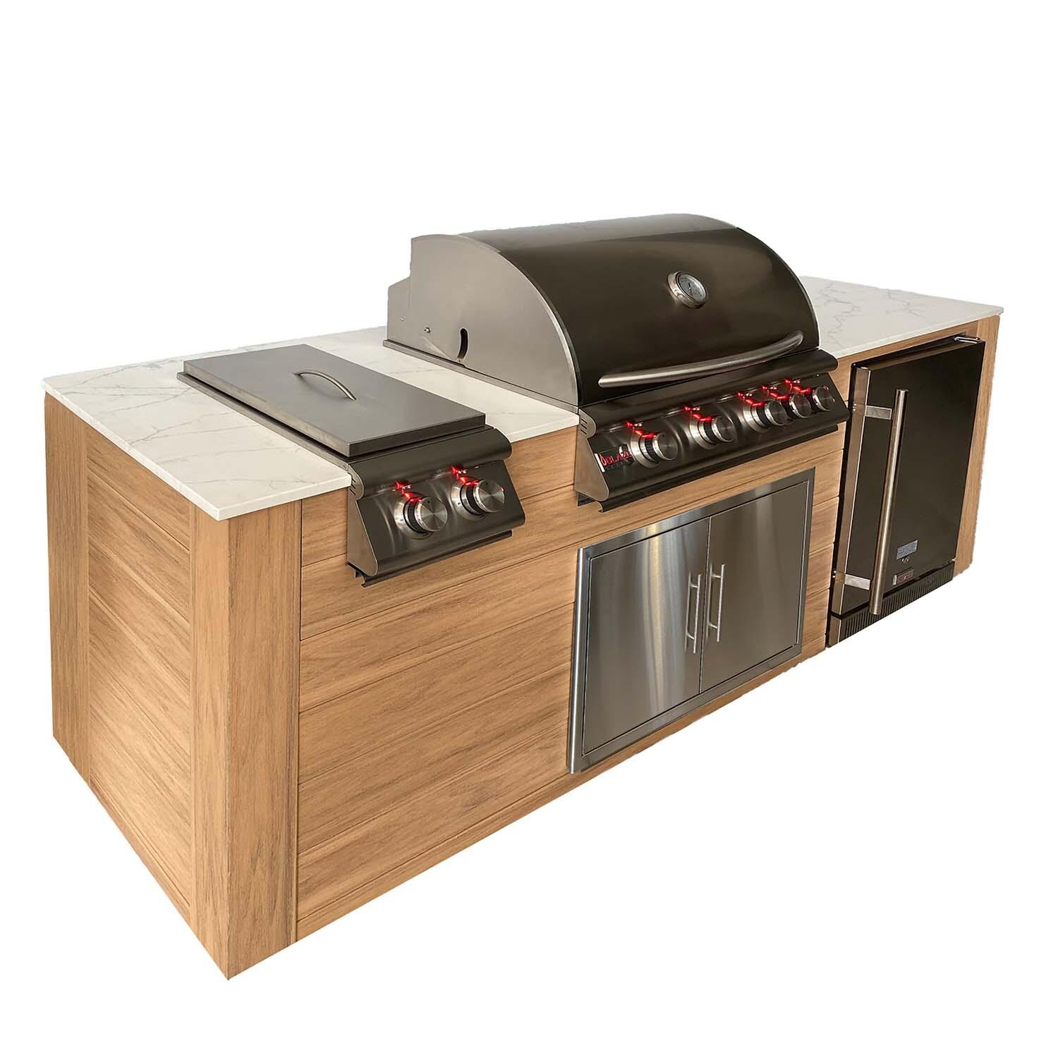 Pro-Fit 8-Foot Outdoor Kitchen Island W/ BLZ-4LTE2-NG Blaze Premium LTE 32-Inch Natural Gas Grill, Double Side Burner & Refrigerator - Golden Cypress / Bianco Giulia A Satin - Left - White Background thumbnail
