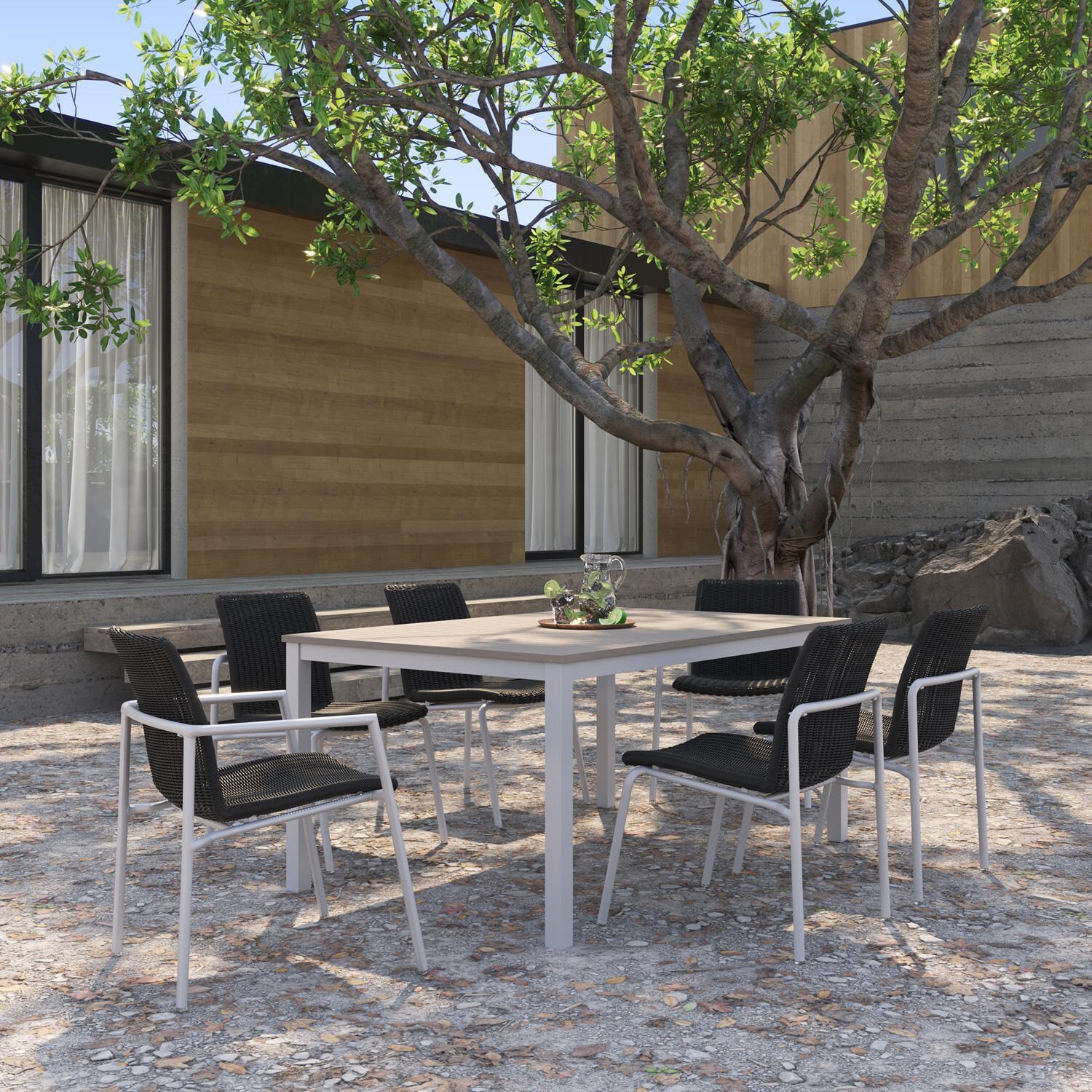 Orso 7 Pc Wicker & Aluminum Dining Set W/ Vintage Tekwood Table Top in Flint/Shadow By Oxford Garden