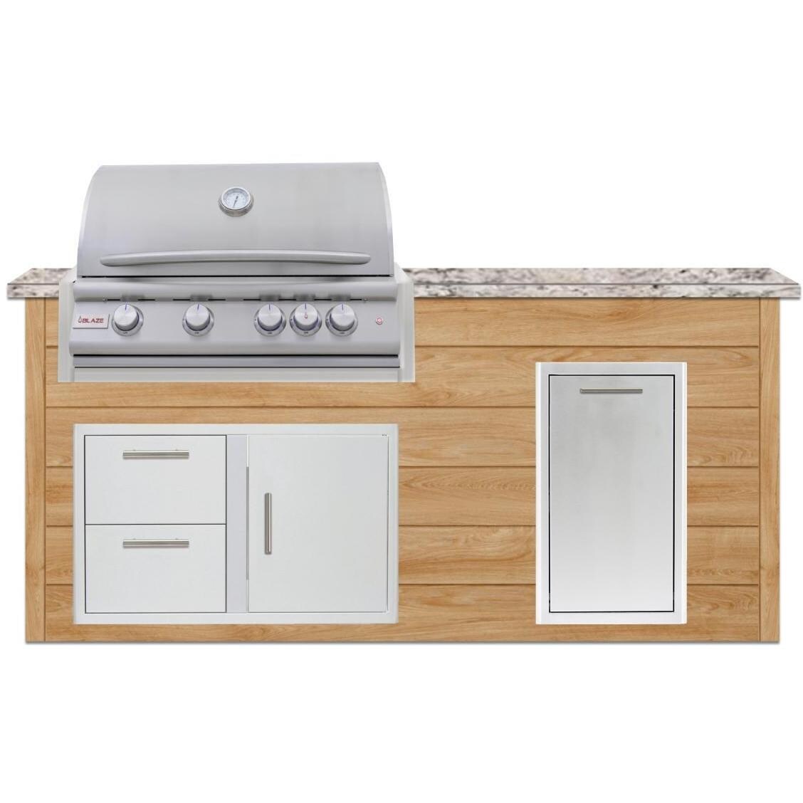 BBQGuys Signature 6 Ft Grill Island w/ 32 Inch Propane Blaze Premium LTE+ Grill, Narrow Trash Bin & Door & Drawer | Sun Bleached Oak w/ White Granite - Front - White Background thumbnail