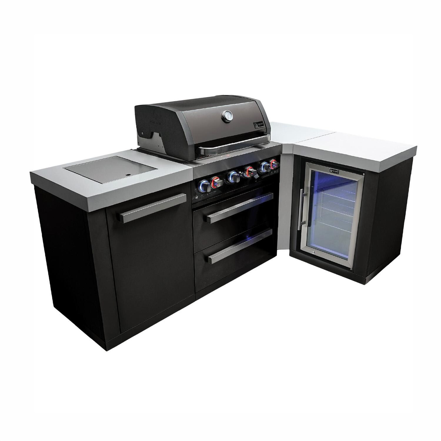 Mont Alpi MAi400-BSS90FC Black Series 7 1/2 Ft L-Shaped Propane Outdoor Kitchen Island w/ Side Burner & Fridge - Island - White Background thumbnail