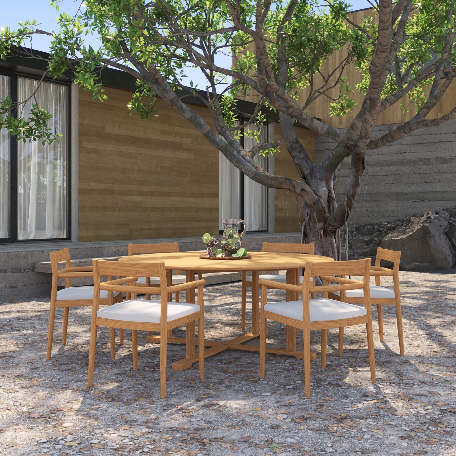 Oxford Garden Lido 7 Pc Teak Dining Set W/ 67 Inch Round Table in Natural/Bliss Linen thumbnail