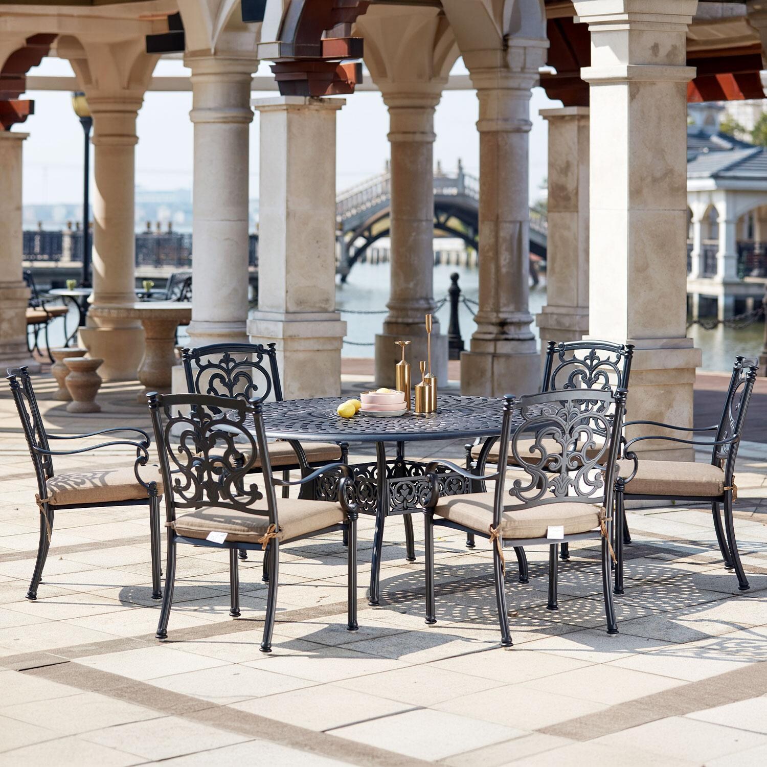 Darlee Santa Barbara 7 Piece Cast Aluminum Patio Dining Set W/ Round Table - Antique Bronze - Lifestyle thumbnail
