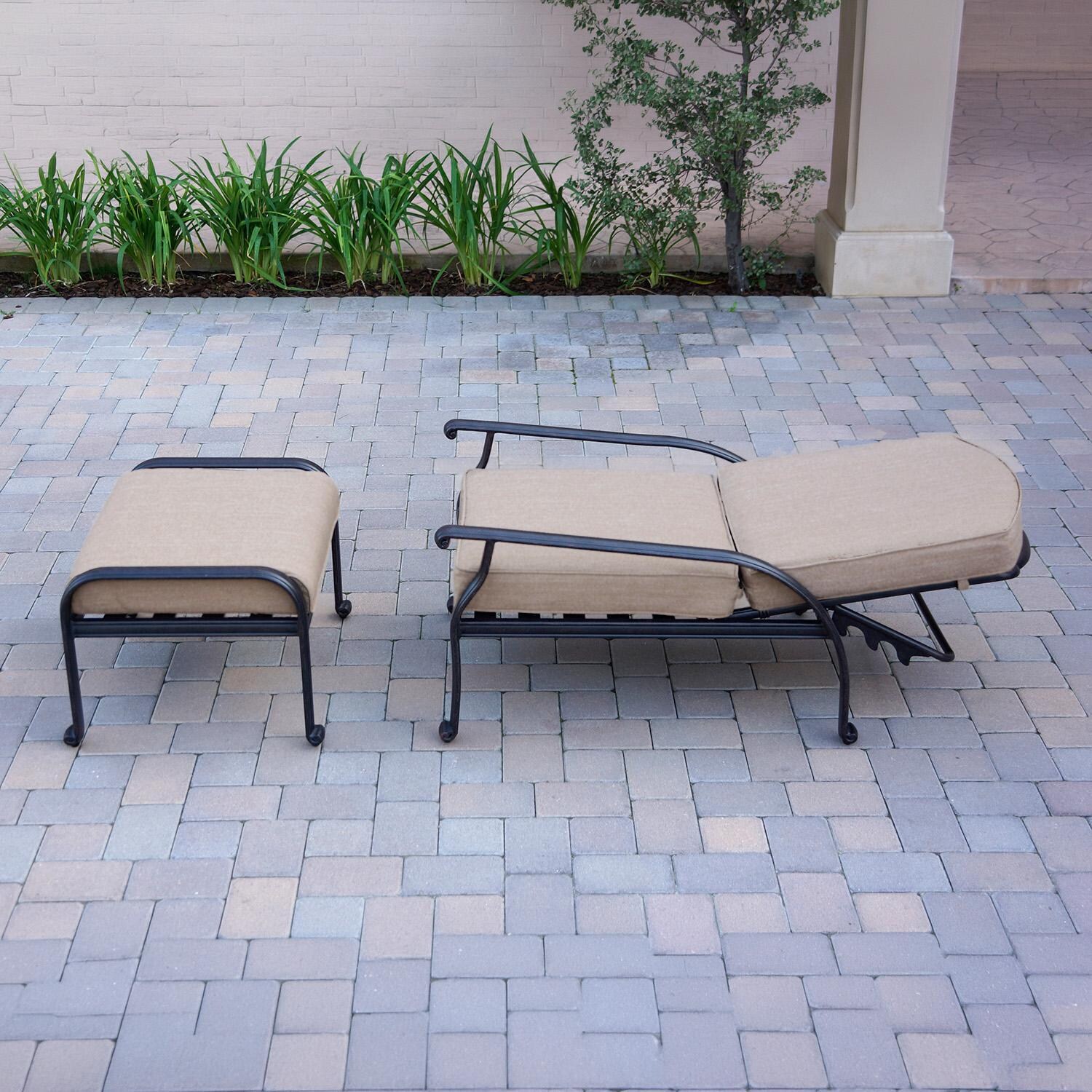 Darlee Elisabeth 6 Pc Cast Aluminum Seating Set w/ 42 X 21 Inch Table & Throw Pillows in Antique Bronze/Beige - Chair Reclined - Lifestyle thumbnail