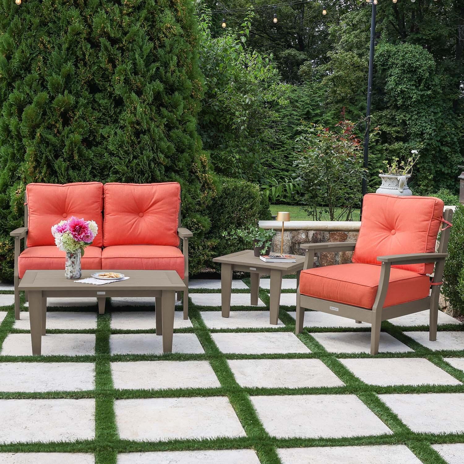 Blushing Bay 4 Pc Recycled Plastic Seating Set in Canvas Persimmon/Woodland Brown by Lakeview Outdoor Designs - Lifestyle thumbnail