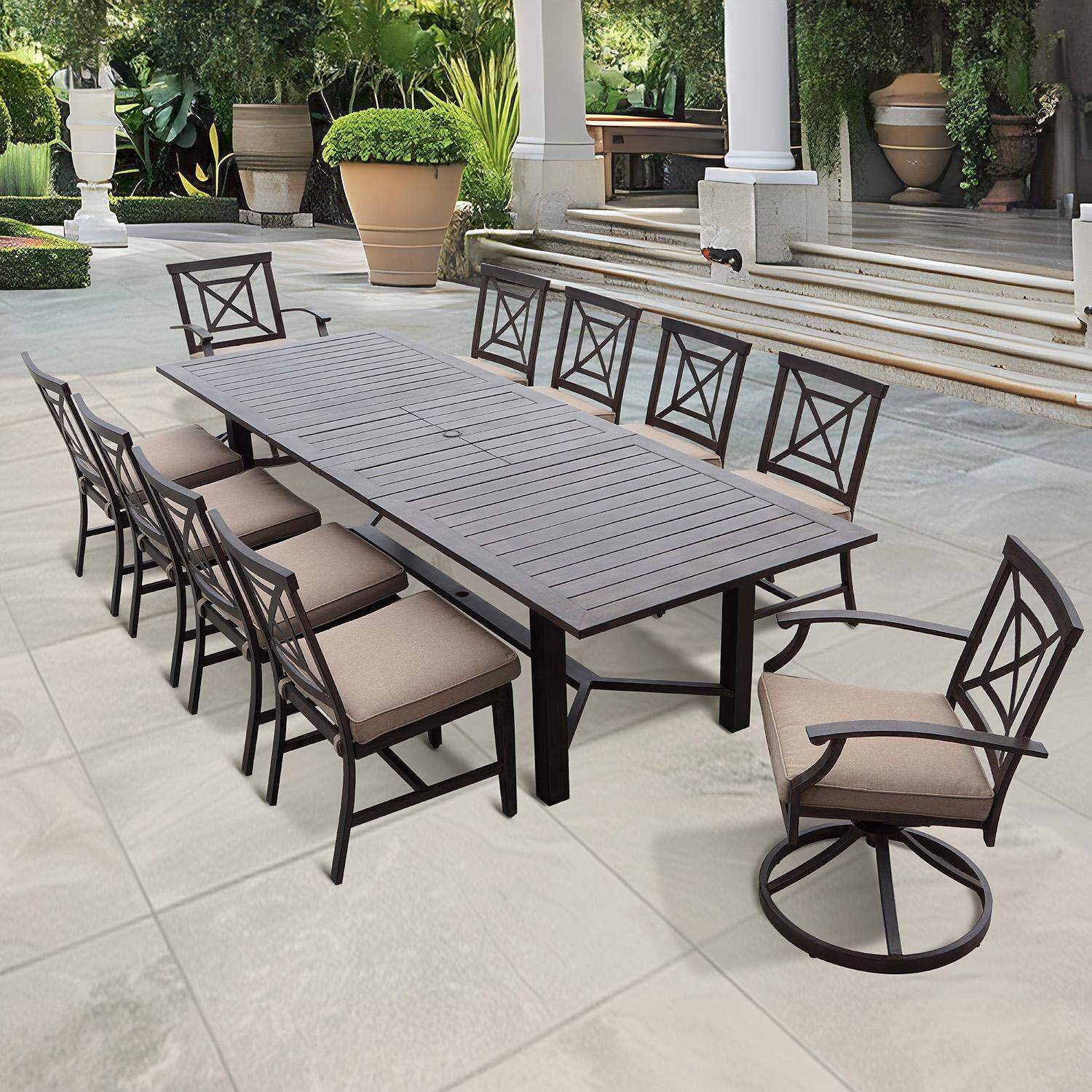 Atlantis 11 Pc Aluminum Dining Set w/ 118 Inch Table, Swivel Rockers, and Beige Cushions in Walnut By Darlee - On Patio - Lifestyle thumbnail