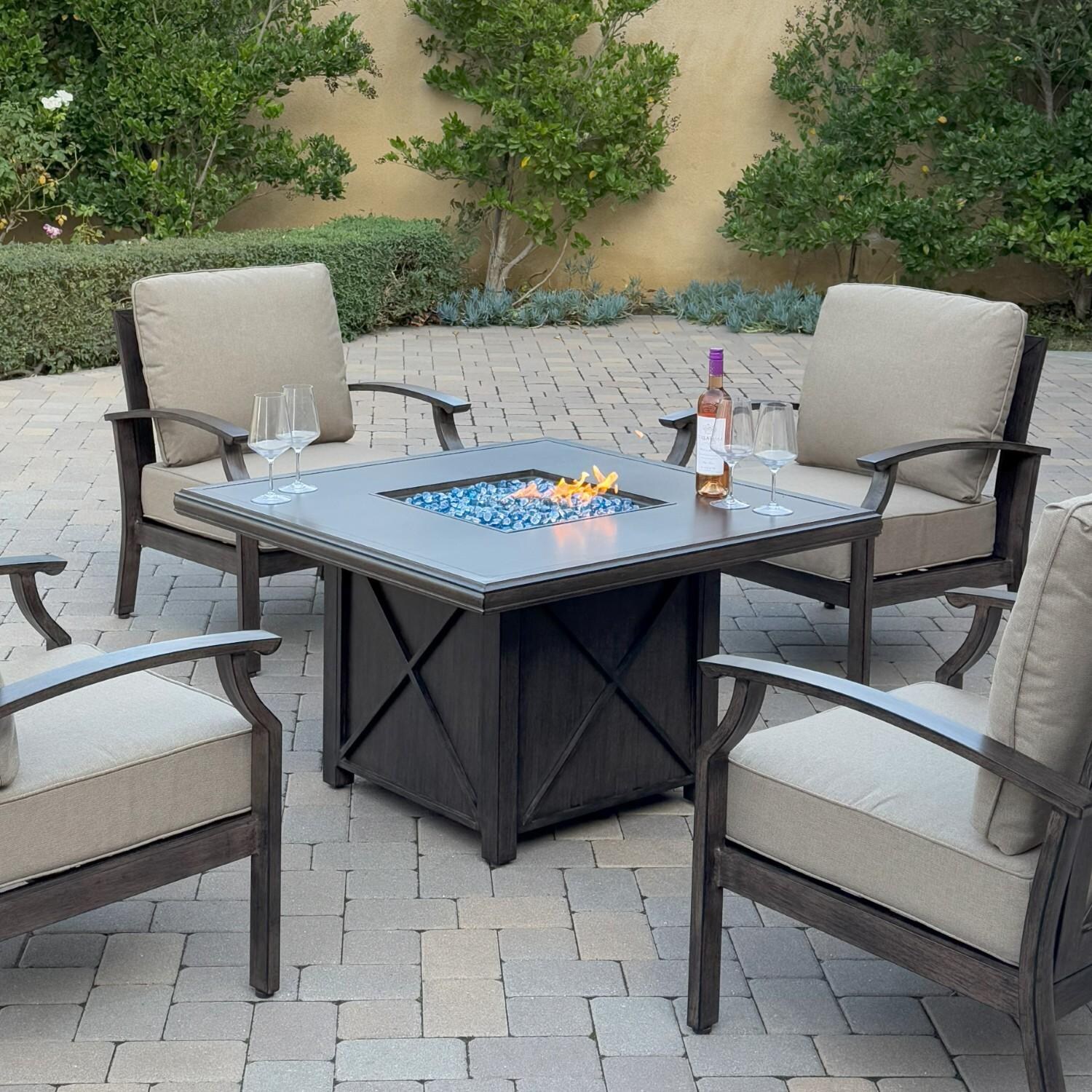 Atlantis 42-in Walnut Aluminum Fire Pit Chat Table by Darlee - Chairs Around Fire Pit Table - Lifestyle thumbnail