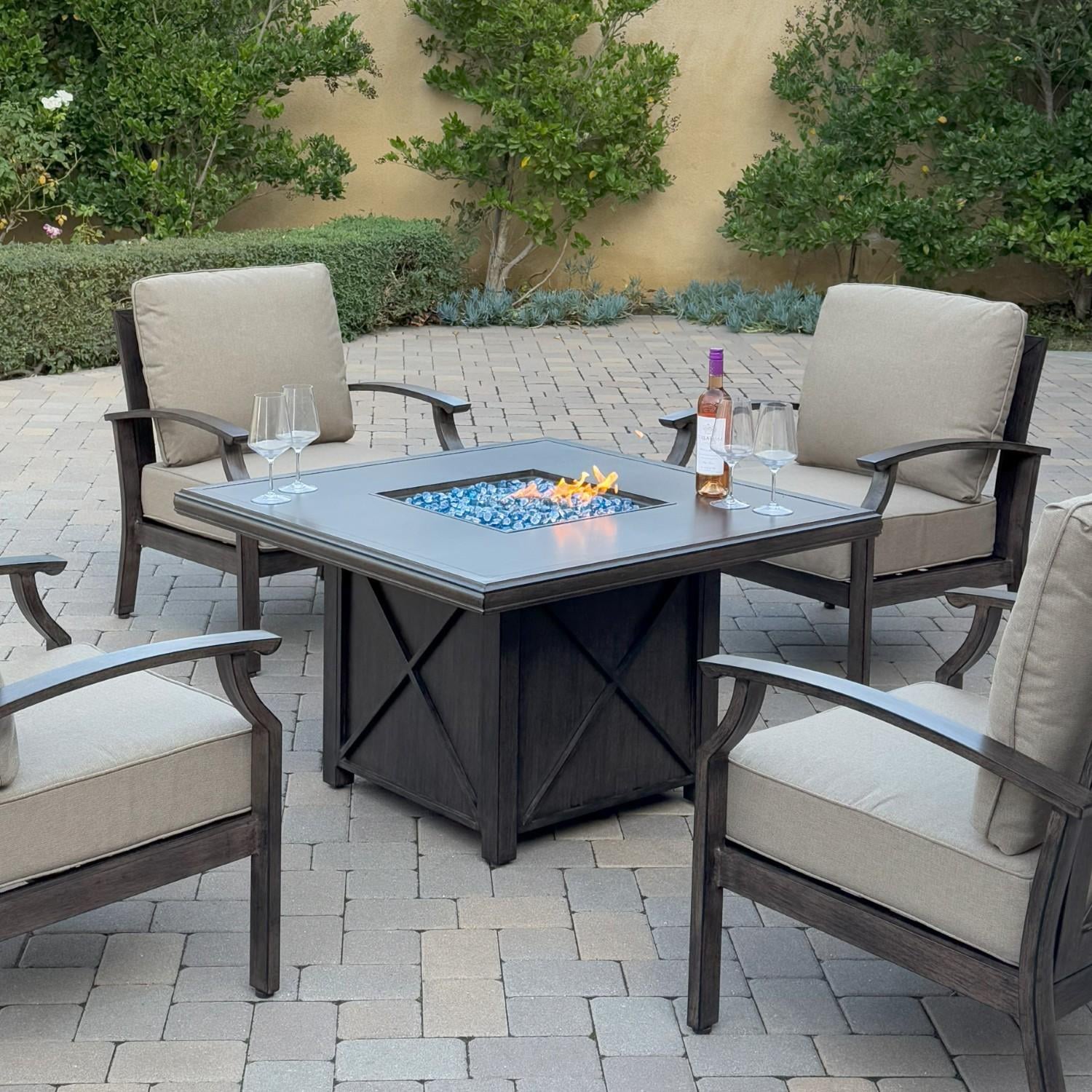 Atlantis 42-in Walnut Aluminum Fire Pit Chat Table by Darlee - Chairs Around Fire Pit Table - Lifestyle thumbnail