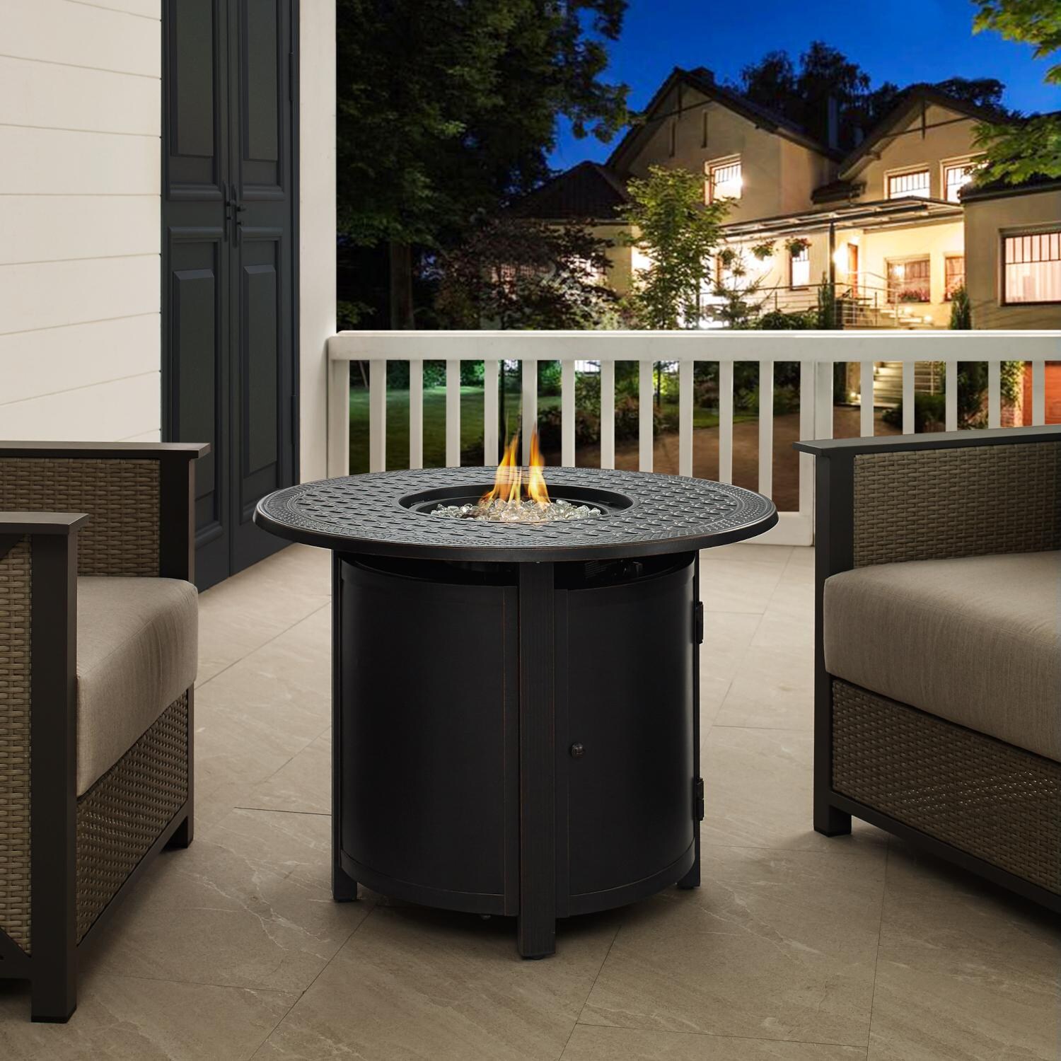 Lion Sands 34 Inch Round Aluminum Natural Gas Fire Pit Table in Antique Bronze by Ultimate Patio (Ships As Propane w/ Natural Gas Conversion Kit)