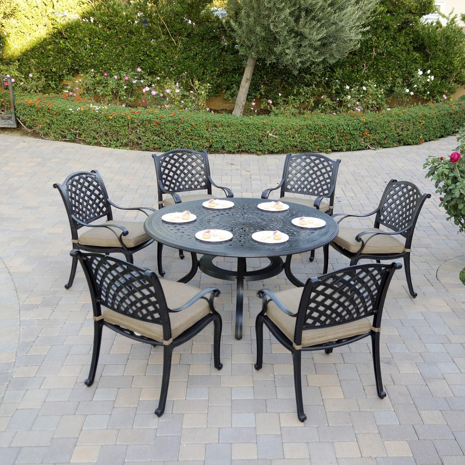 Darlee B/DL13-7PC-26D-S Nassau 7 Pc Cast Aluminum Dining Set in Antique Bronze w/ Beige Canvas Cushions - Set - Lifestyle thumbnail