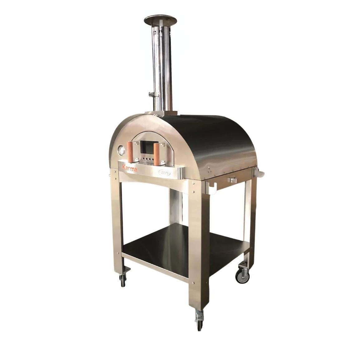 WPPO WKK-03S Karma 42-in Wood Fired Pizza Oven w/ Stainless Steel Cart - Angled View - White Background thumbnail