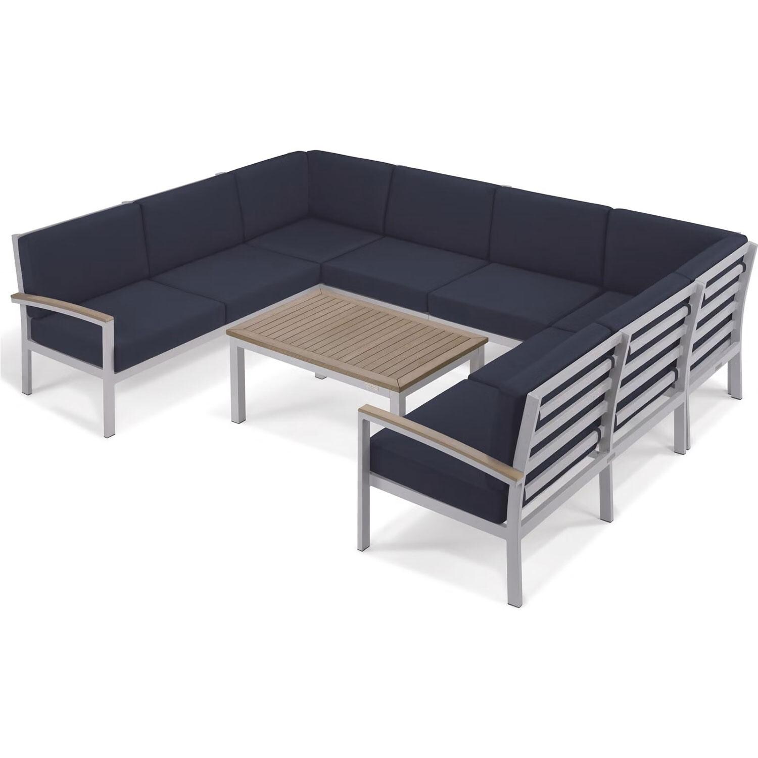 Travira 7 Pc Powder-Coated Aluminum Seating Set w/ Coffee Table in Midnight Blue/Vintage/Flint By Oxford Garden - White Background thumbnail