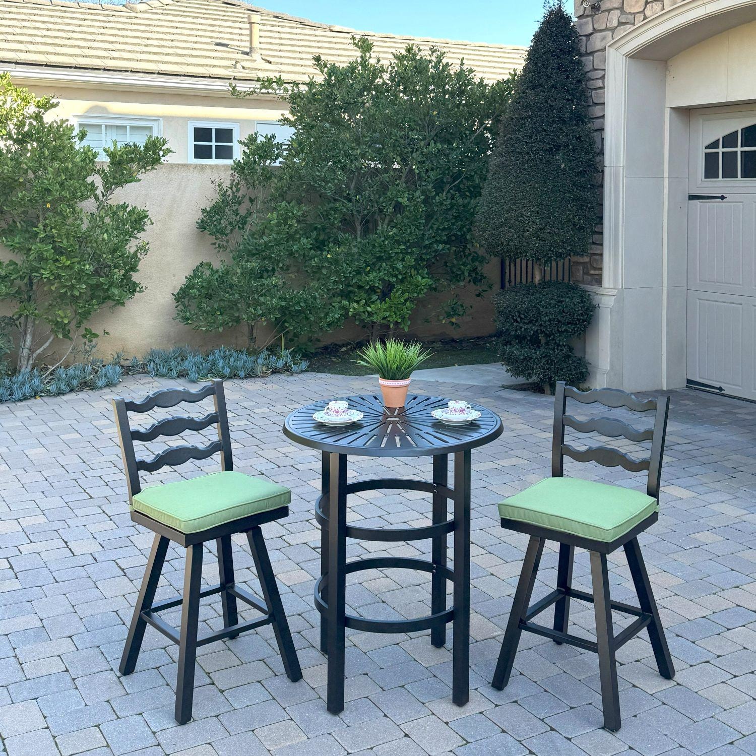 Aspen Aluminum 3 Pc Patio Bar Set w/ 30-in Round Counter Height Bar Table in Green By Darlee