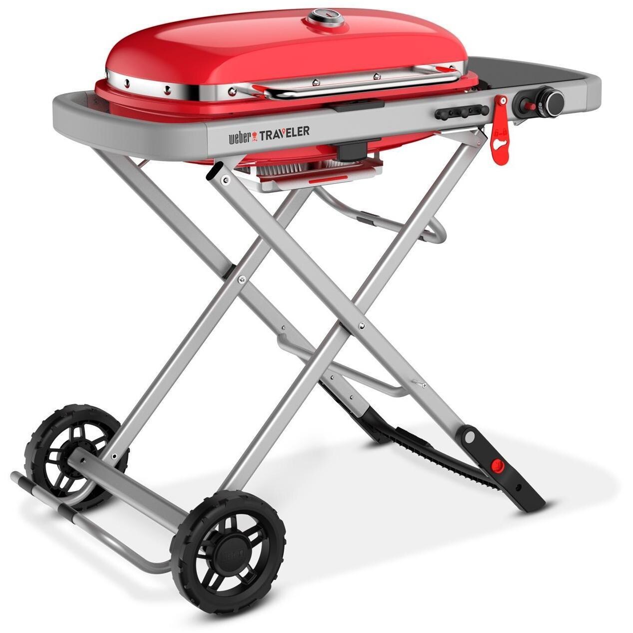 Weber Traveler 9030001 Portable Propane Gas Grill - Red - Left-Side Angled View - White Background thumbnail