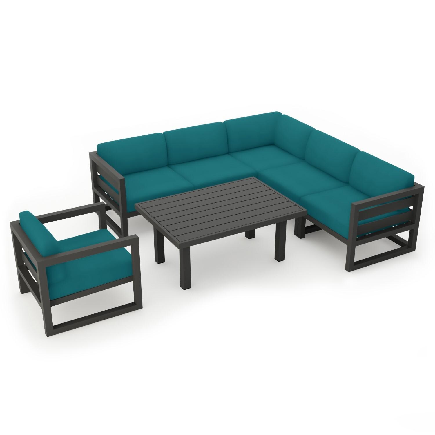 Lakeview MSTYCV-SL-SET212-PC Misty Cove 7 Pc Aluminum Sectional Set in Slate w/Chat Table & Spectrum Peacock Cushions by Lakeview Outdoor Designs - Set Angled - White Background thumbnail