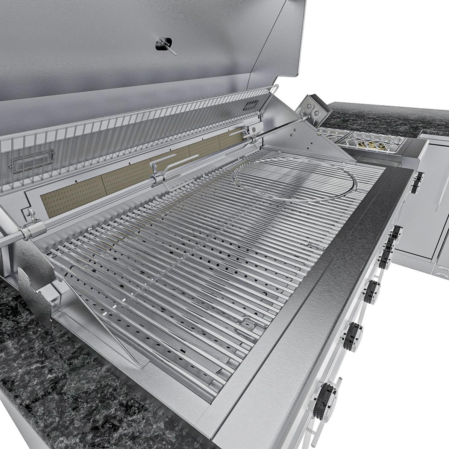 Sunstone Grills SCPRANCHER8.10BY11-LP Rancher 11 Ft Outdoor Kitchen Island w/ Propane Grill & Side Burner, Sink, Refrigerator, Trash Bin, Door & Drawer - Grates - Detail thumbnail