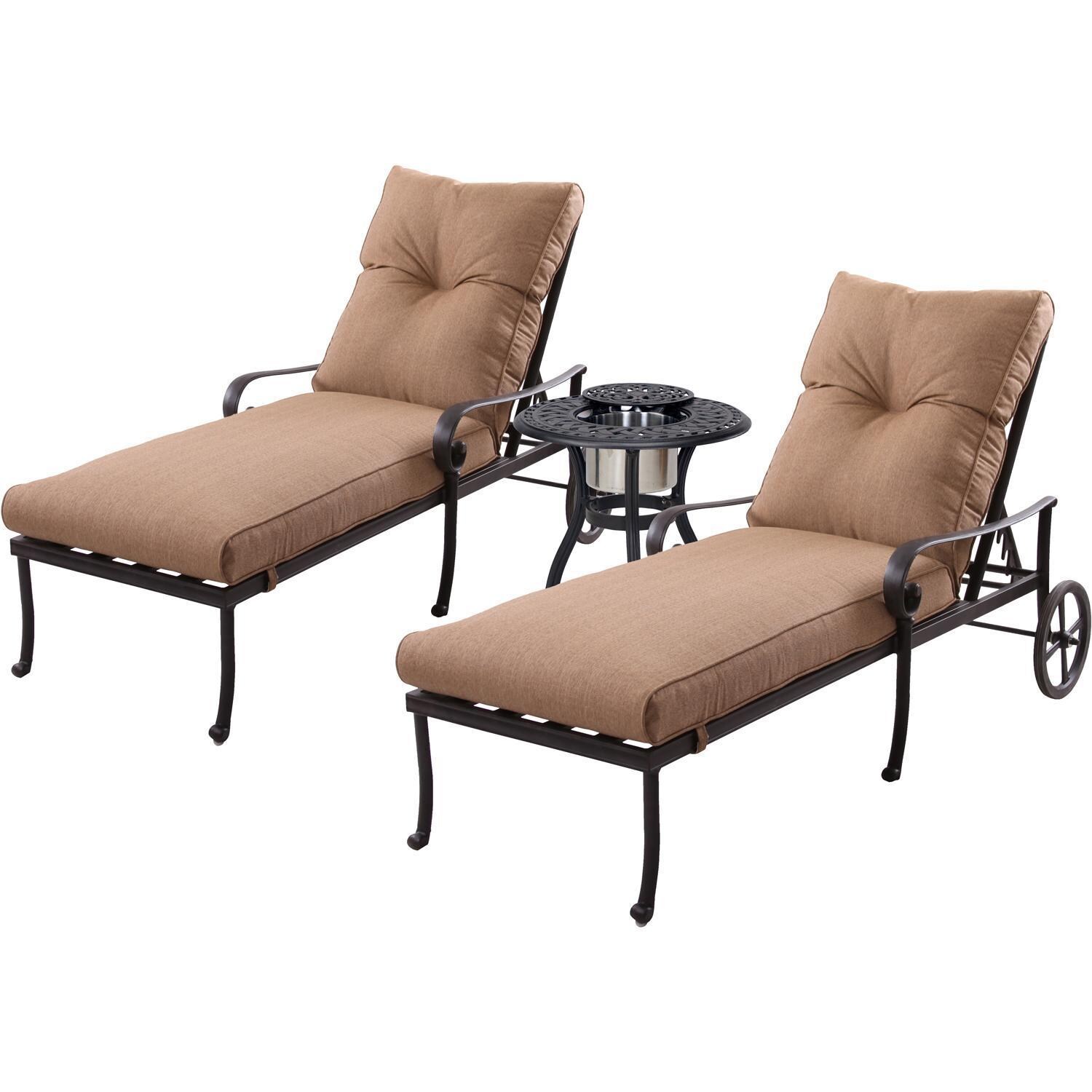 Santa Anita 3 Pc Cast Aluminum Chaise Lounge Set w/ 24-in Ice Bucket End Table & in Antique Bronze/Heather Beige Sunbrella by Darlee