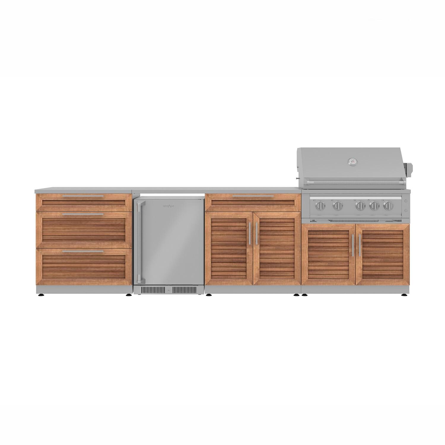 NewAge Products 67902 Classic Series 10 1/2 Ft Outdoor Kitchen Island w/ 36-in Natural Gas Grill, Refrigerator, Trash Bin, Door & Drawer in Grove/Stainless Steel - Island - White Background thumbnail