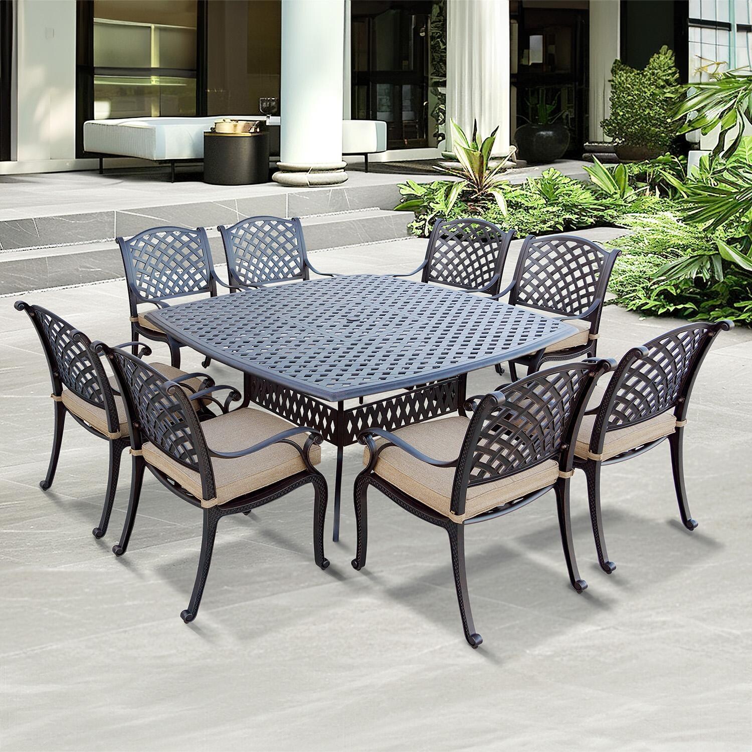 Darlee Nassau 9-Piece Patio Dining Set with Sesame Cushions and 64 Inch Square Dining Table - Set - Lifestyle thumbnail