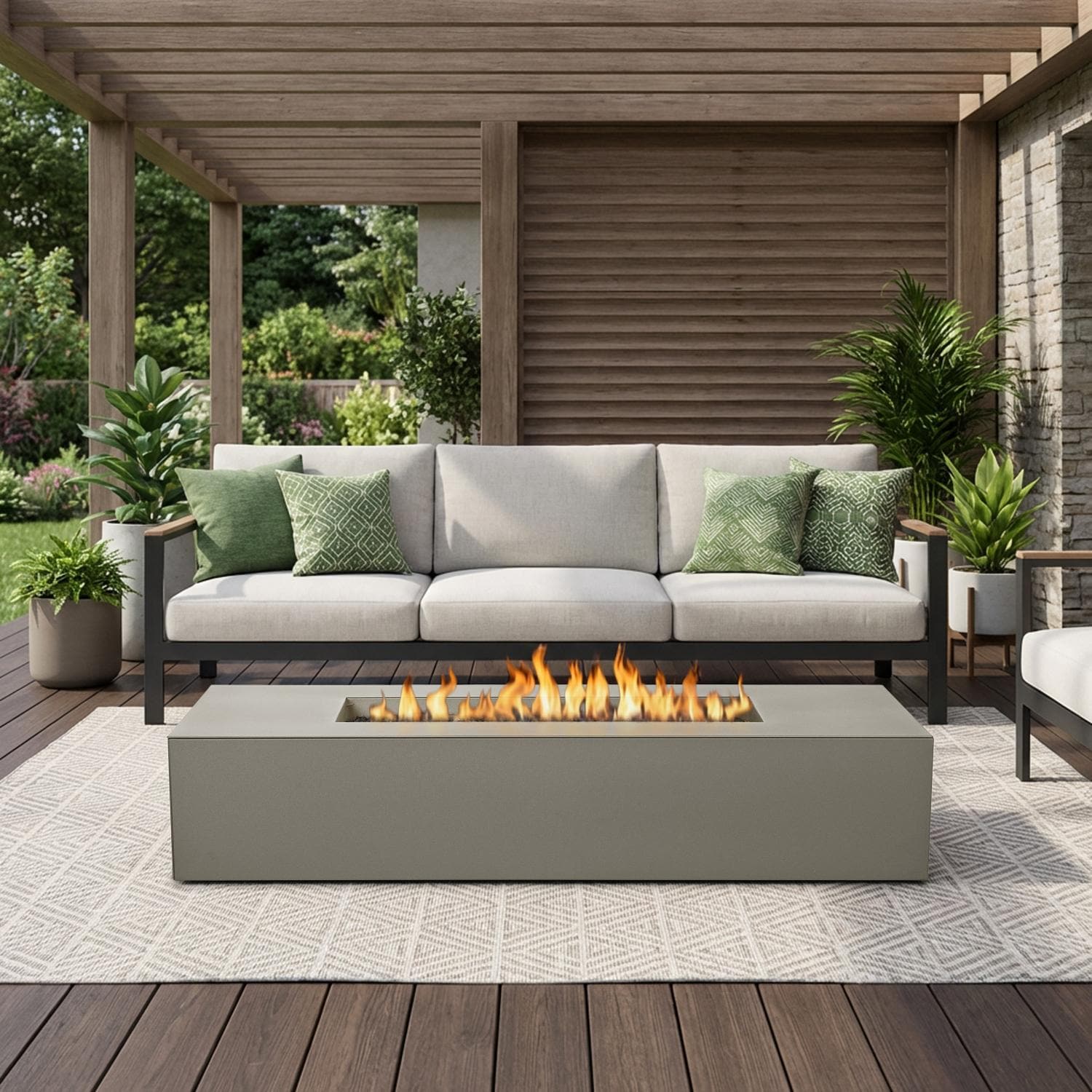Covewood 72-in Rectangular Aluminum Propane Fire Pit Table in Cloud Gray by BBQGuys Signature - Lifestyle thumbnail