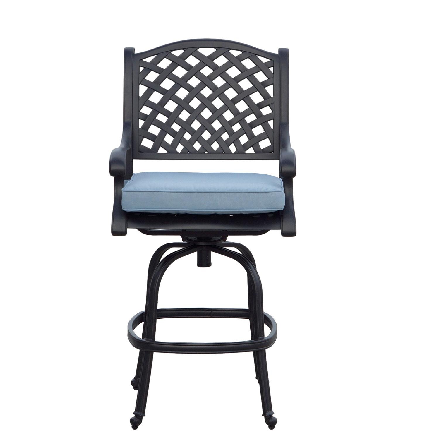 Nassau Cast Aluminum Swivel Bar Stool in Antique Bronze/Sky Blue by Darlee - Front View - White Background thumbnail