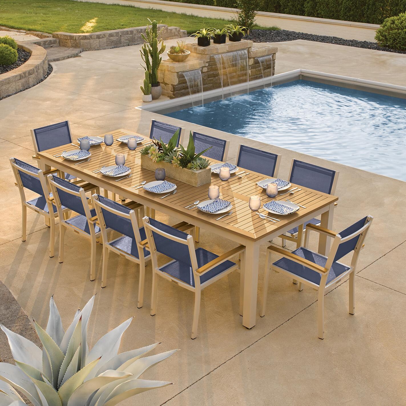 Travira 11 Piece Aluminum Patio Dining Set W/ 103 X 42 Inch Table and Tekwood Natural Tabletop By Oxford Garden - On The Patio thumbnail