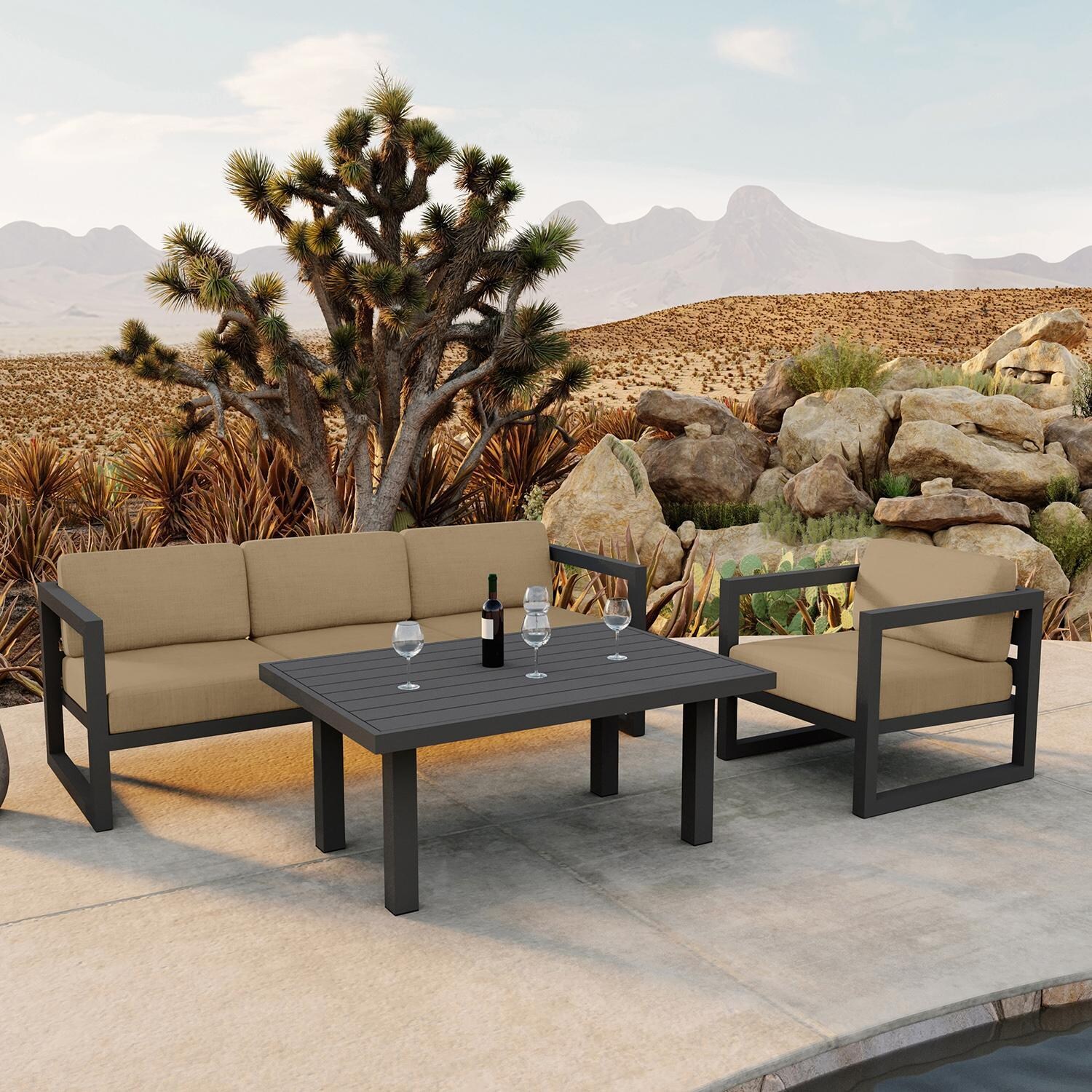 Misty Cove 3 Pc Aluminum Seating Set w/ Sofa & Classic Chat Table in Slate/Heather Beige by Lakeview Outdoor Designs
