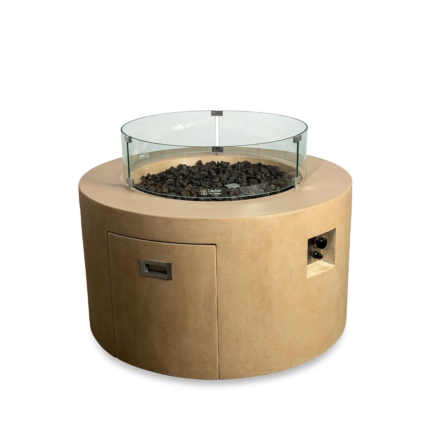 Glenwood 42-in Round Concrete Propane Gas Fire Pit w/ Hidden Propane Tank in Sand by Lakeview Outdoor Designs - Glass Wind Guard - Off - White Background thumbnail