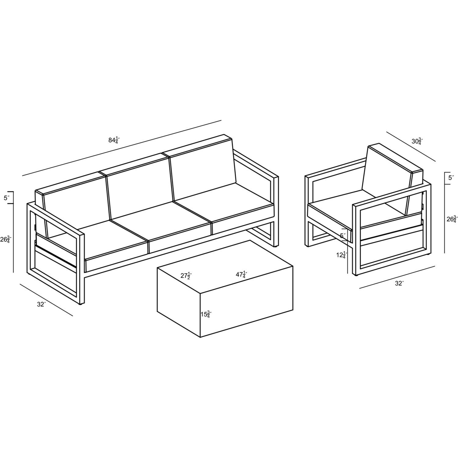 Lakeview MSTYMAS-BK-3SS-CC Misty Cove 3 Pc Aluminum Seating Set in Black w/Mason Coffee Table & Canvas Charcoal Cushions by Lakeview Outdoor Designs - Line Drawing - Dimensional thumbnail