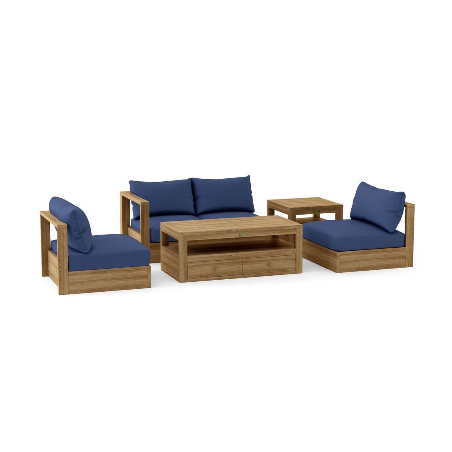 Pointebelle 5 Pc Teak Seating Set in Canvas Navy by Lakeview Outdoor Designs - White Background thumbnail