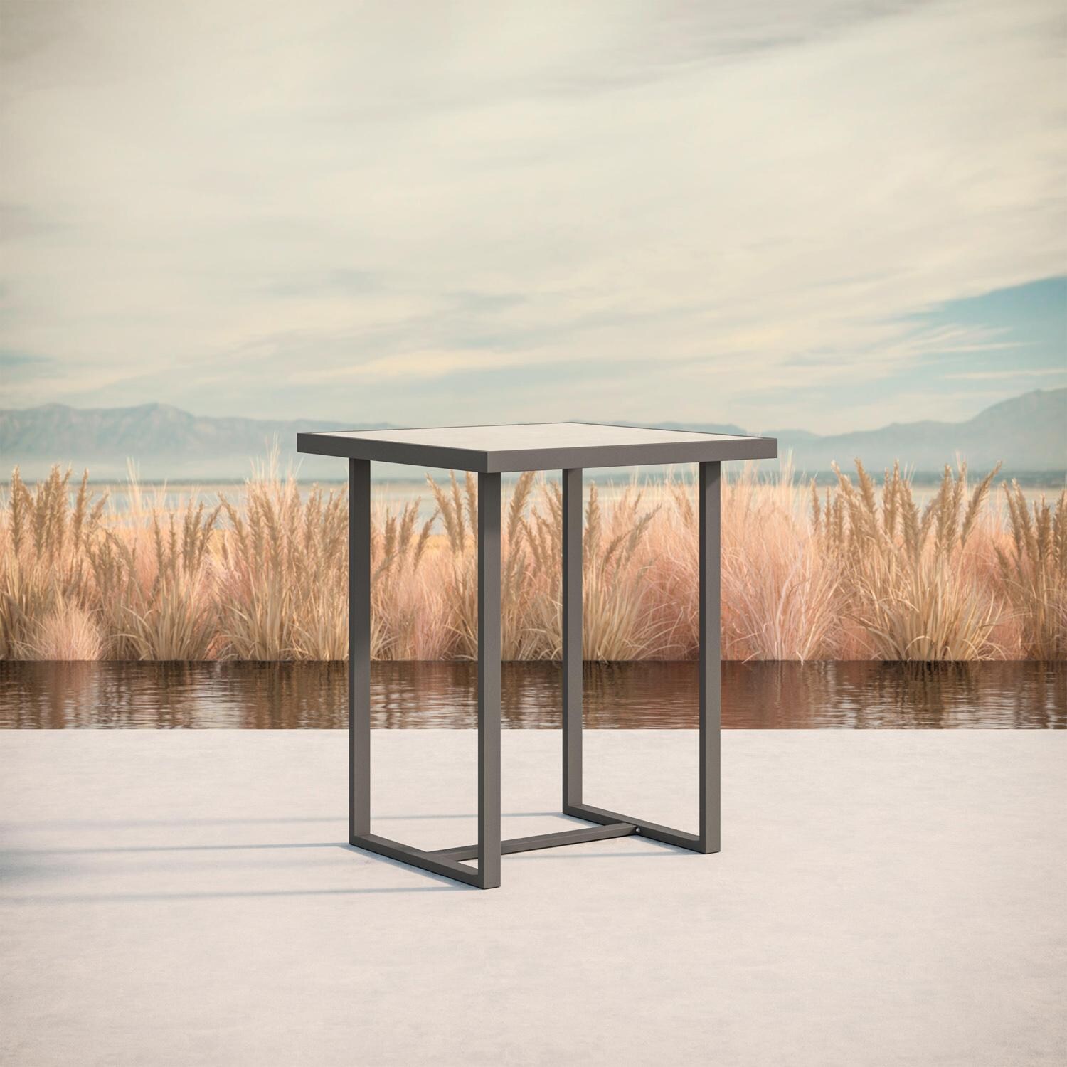 Azzurro Living Pavia 35 Inch Charcoal Aluminum Bar Table W/ Albarium Dekton Top - Lifestyle thumbnail