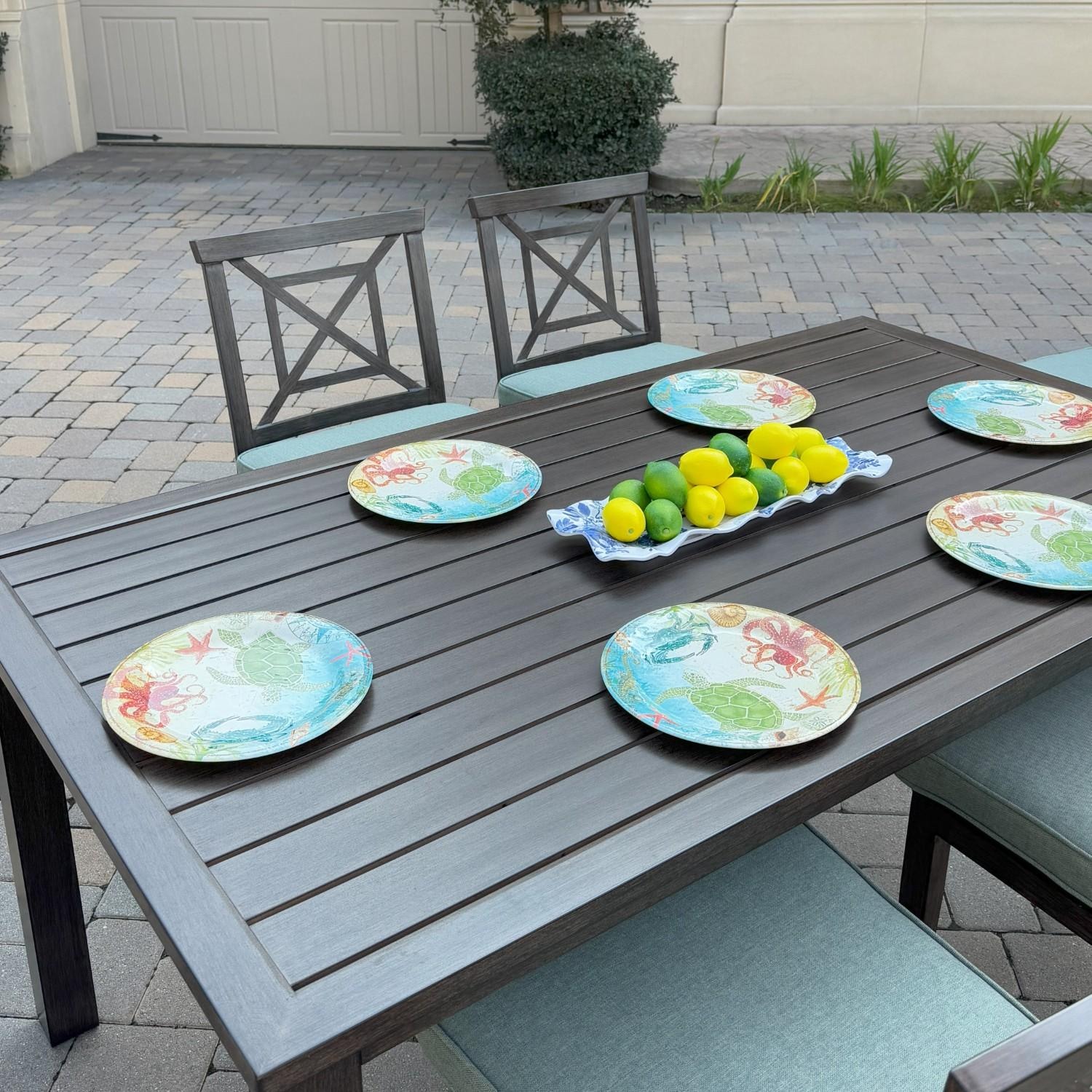 Atlantis 7 Pc Aluminum Dining Set w/ 6 Dining Side Chairs in Walnut/Spa by Darlee - Angled Table - Lifestyle thumbnail