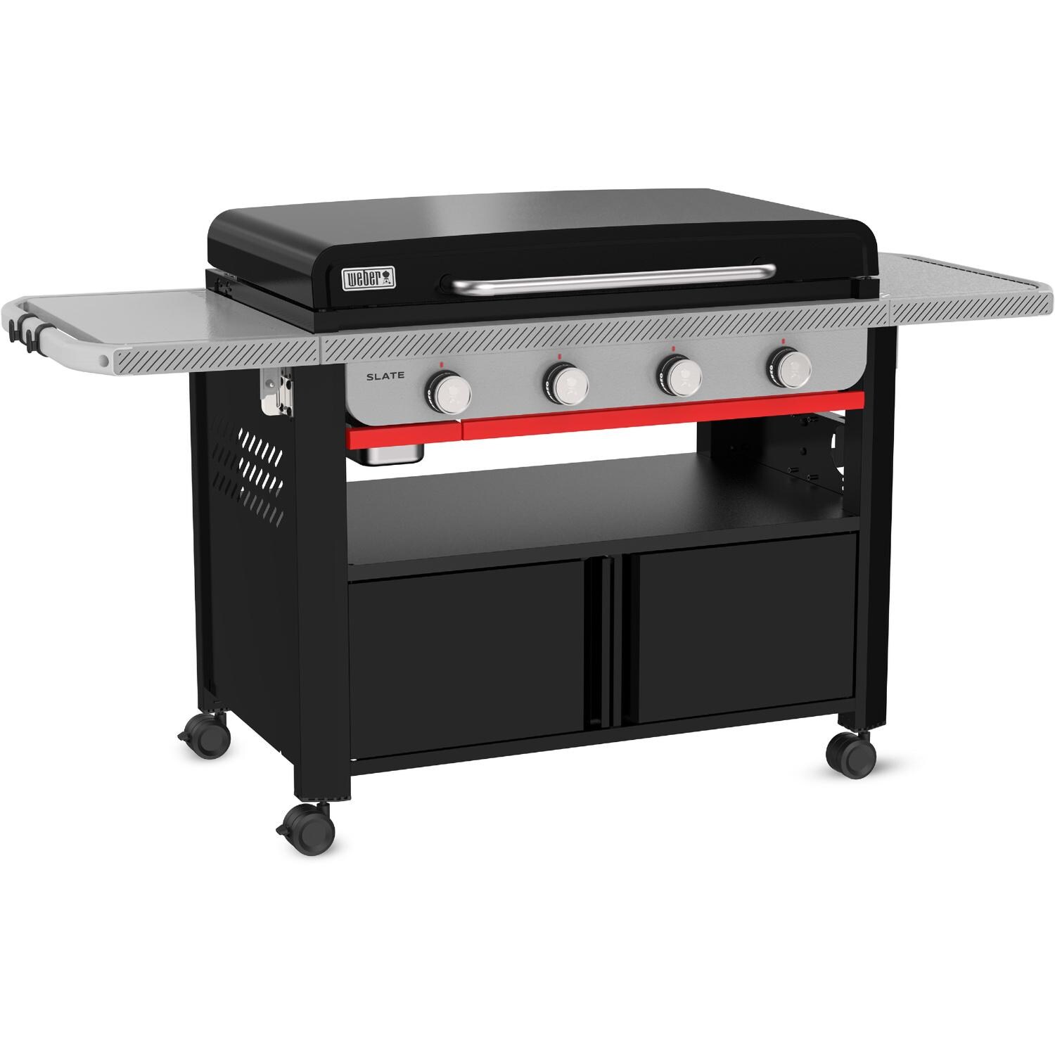 Weber Grills 1502283 Slate 36-in 4 Burner Propane Rust-Resistant Griddle w/ Closed Cabinet - Black - Angled Right Closed - White Background thumbnail