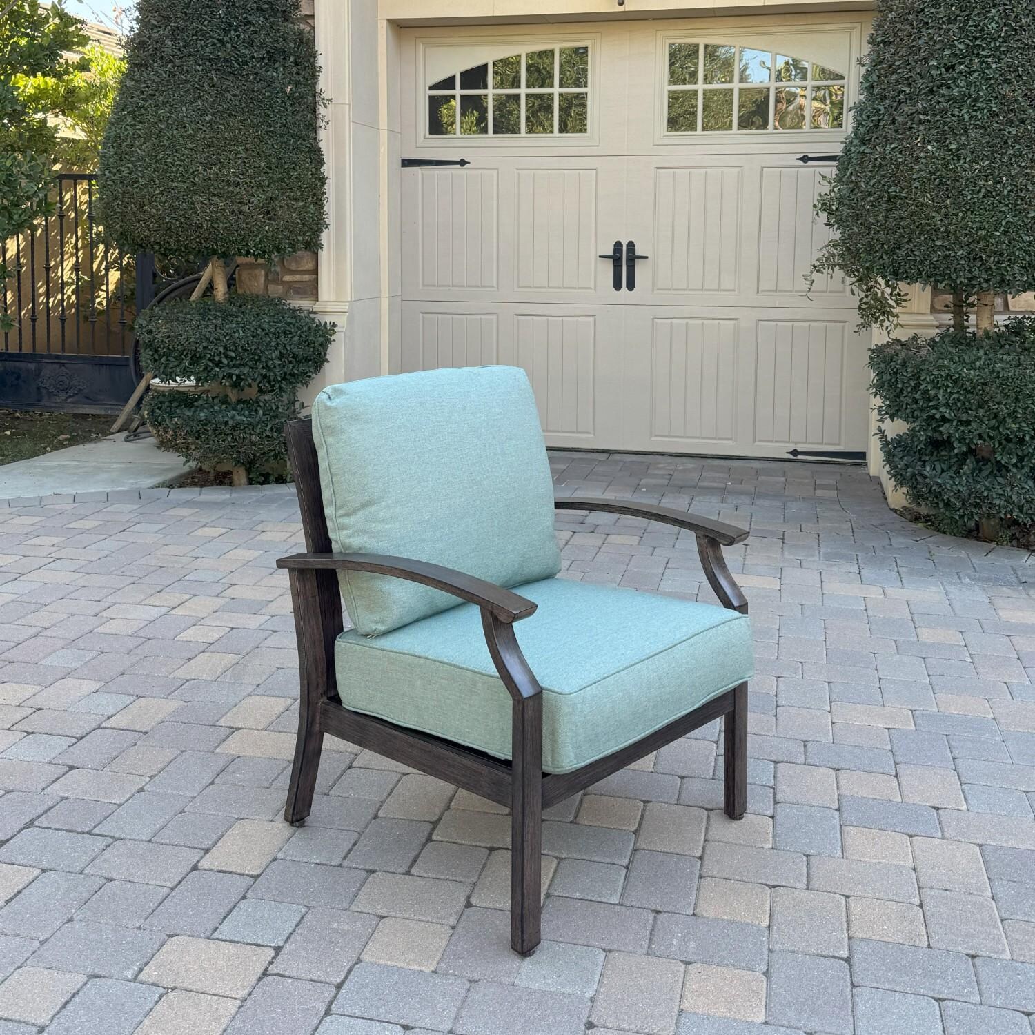 Atlantis 6 Pc Aluminum Fire Pit Seating Set w/ 2 Club Chairs, 2 Ottomans & Sofa in Walnut/Spa by Darlee - Chair - Lifestyle thumbnail