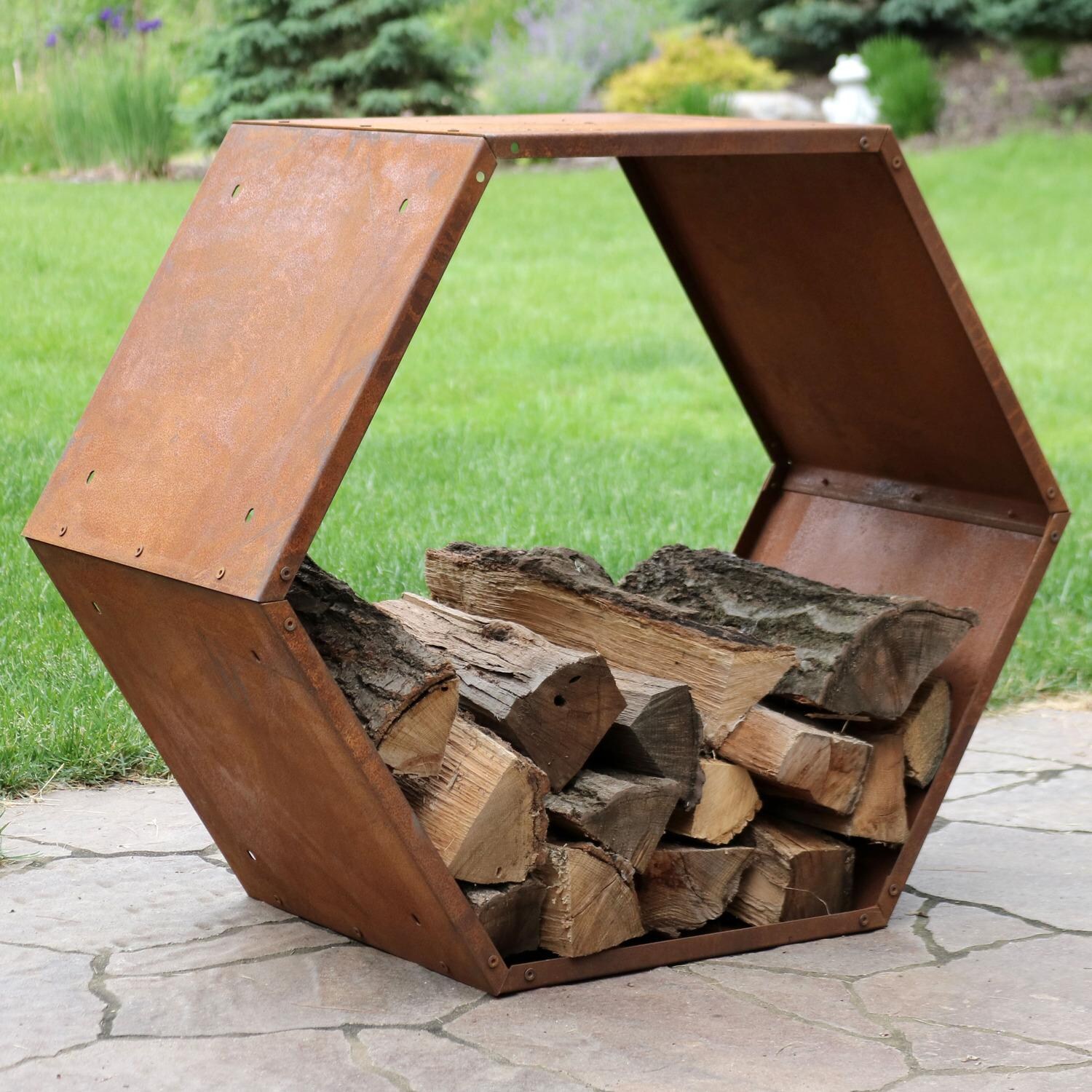 Ultimate Patio 30-Inch Hexagon Rustic Honeycomb Log Rack - Lifestyle thumbnail