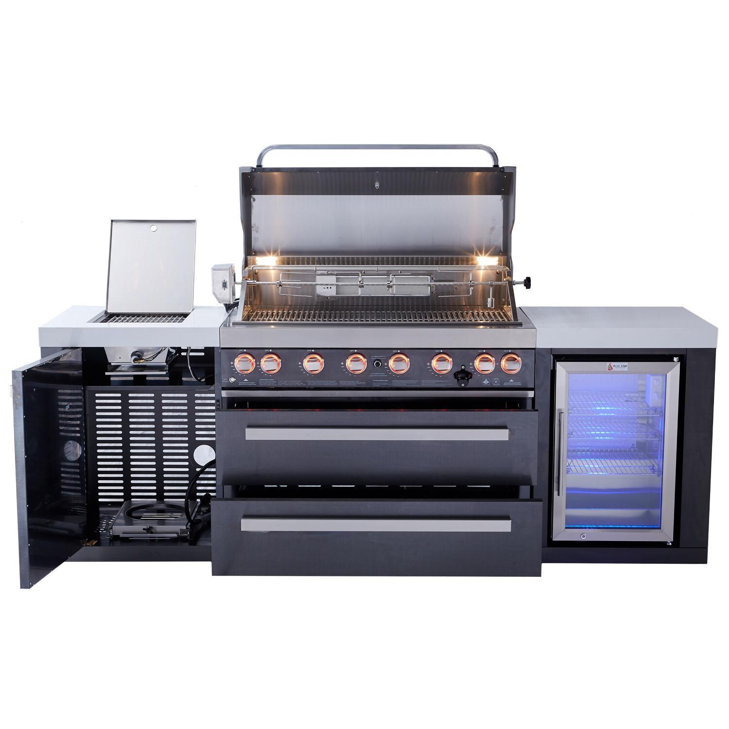 Mont Alpi - MAi805-BSSFC - Black Stainless Propane Gas Island Grill - Grill & Cabinets Open - White Background thumbnail