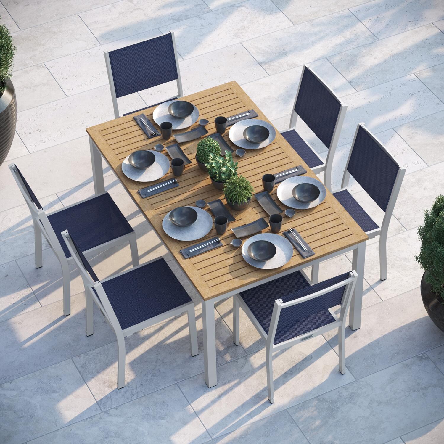 Oxford Garden Travira 7 Pc Composite Sling & Aluminum Dining Set W/ Natural Tekwood in Flint/Ink Pen thumbnail