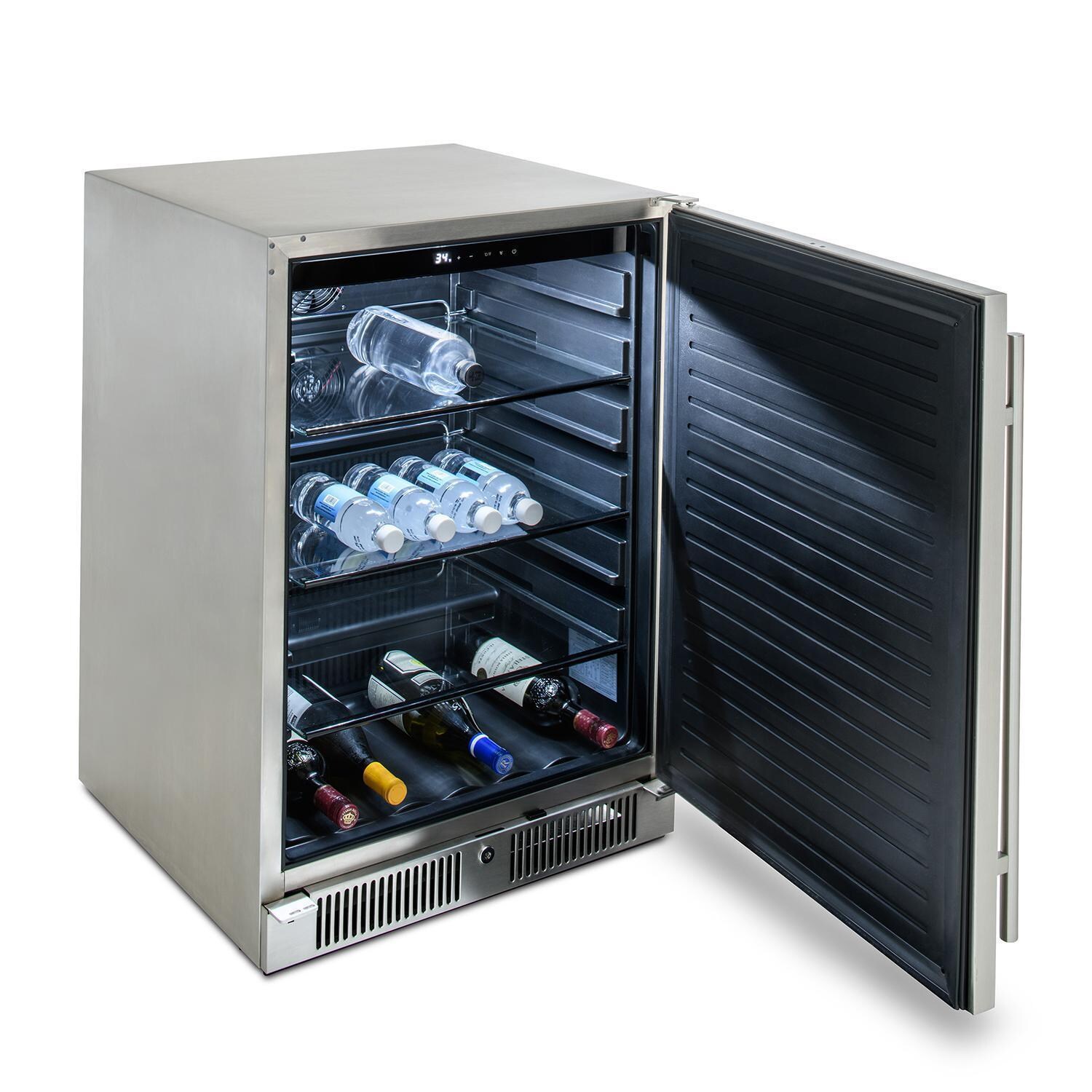 Blaze BLZ-SSRF-5.5 24-Inch 5.5 Cu. Ft. Outdoor Rated Compact Refrigerator - Angled View w/ Drinks - White Background thumbnail