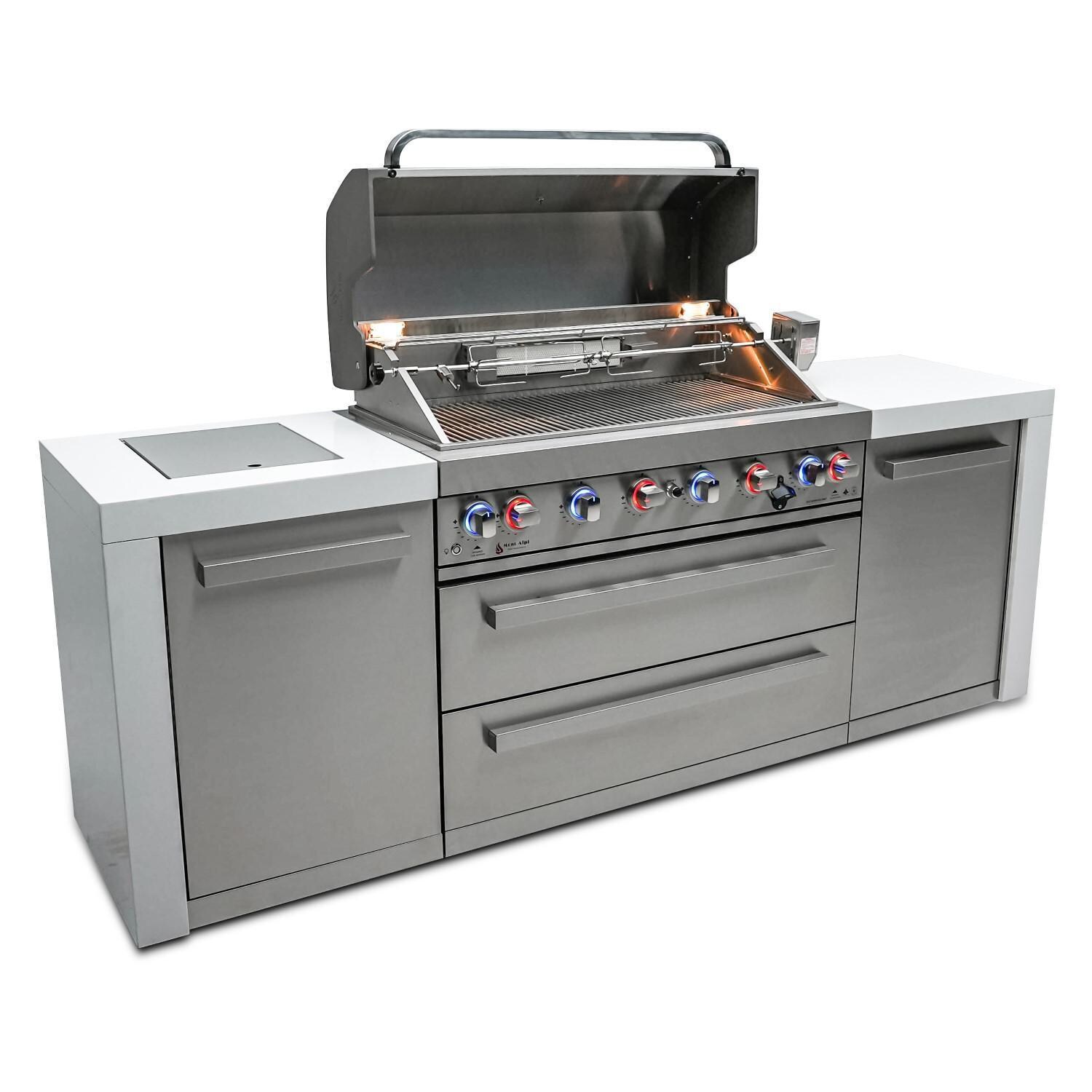 Mont Alpi - MAi805-D - Deluxe Grill Island - Stainless Steel - Open With Burners On Left - White Background thumbnail