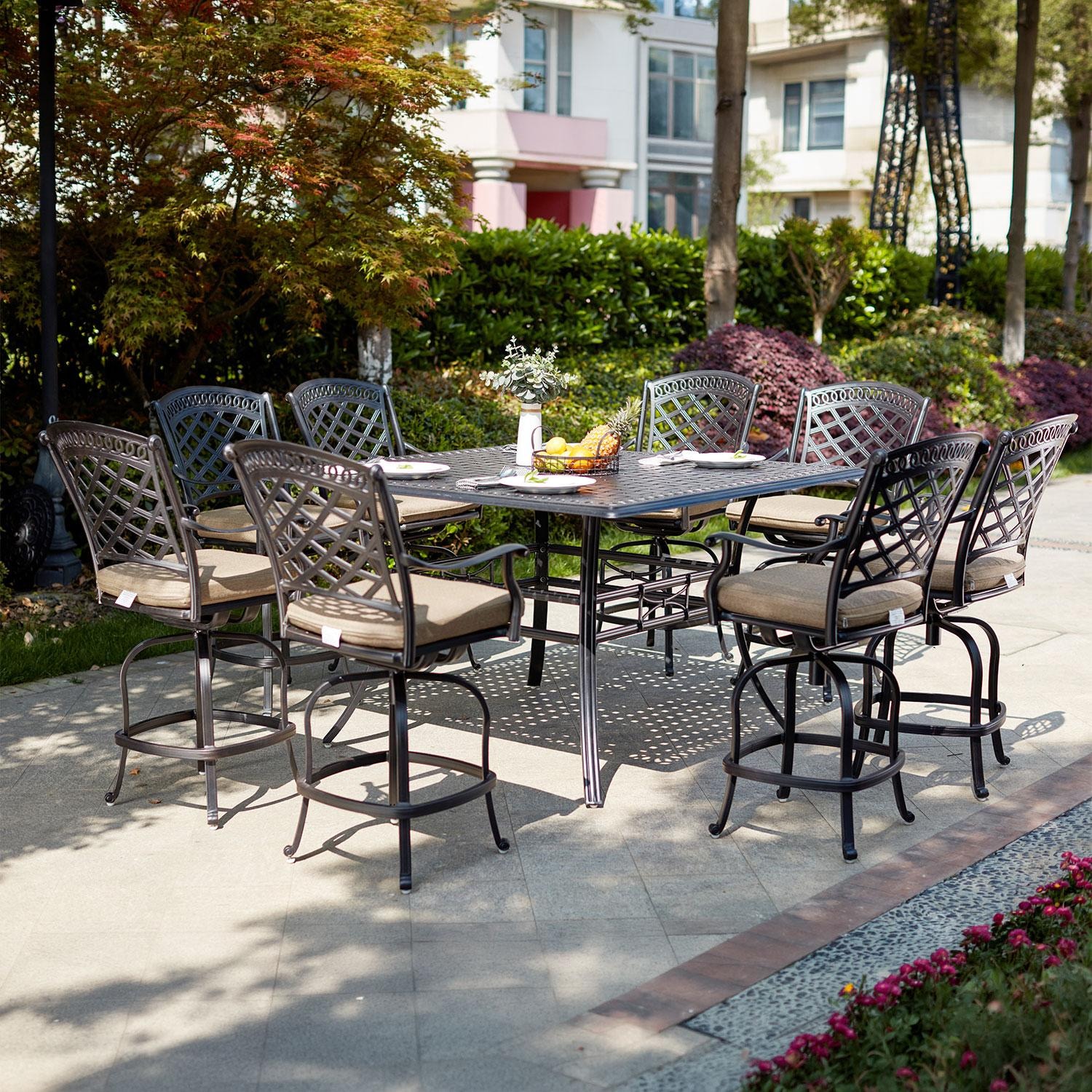 Sedona 9 Pc Cast Aluminum Counter Height Dining Set w/ 60 Inch Square Series 88 Table in Antique Bronze/Beige Canvas by Darlee