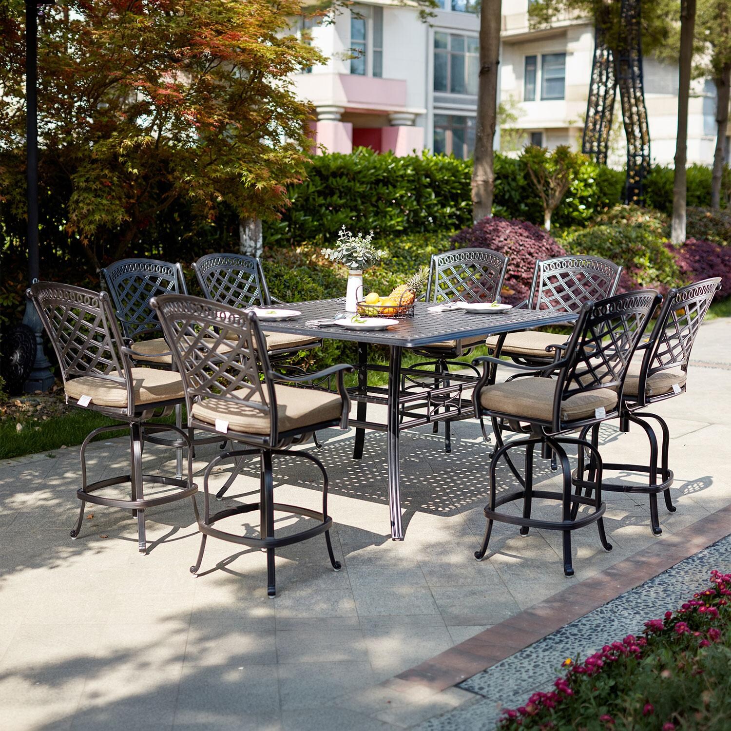 Darlee 201030-9PC-88WCH Sedona 9 Piece Cast Aluminum Patio Bar Set W/ 60 Inch Square Counter Height & Beige Canvas Cushions  thumbnail