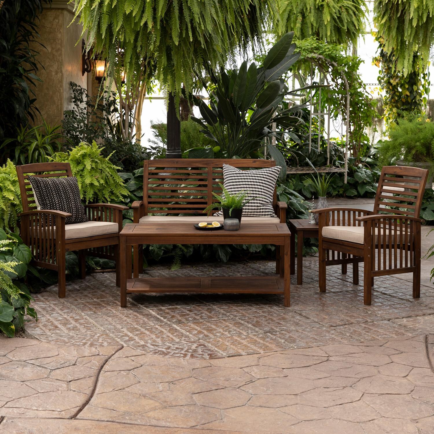 Walker Edison 5 Piece Acacia Patio Conversation Set W/ 48 X 24 Inch Rectangular Table - Dark Brown/Off-White image
