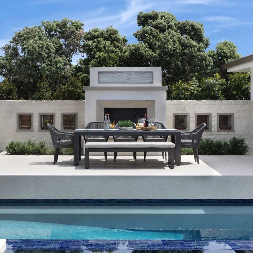 Sunset West - Milano 7 Piece Olefin Rope & Aluminum Patio Dining Set W/ Dining Table & Sunbrella Echo Ash Cushions - Full View - Lifestyle thumbnail