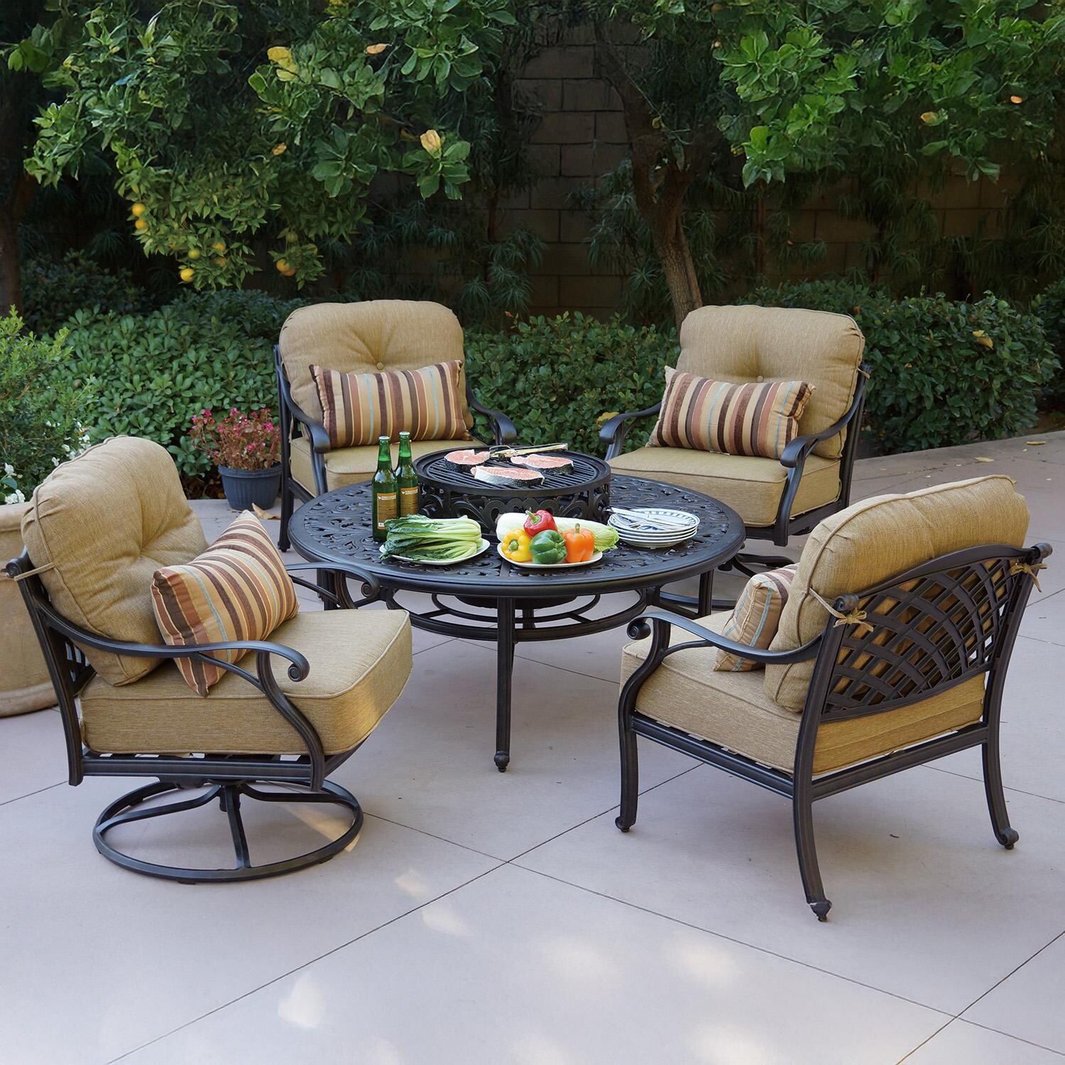 Darlee Series 80 Cast Aluminum Tea Table With Ice Bucket And Fire Pit Insert - Shown w/ Set as Fire Pit (Chairs Not Included) - Lifestyle thumbnail